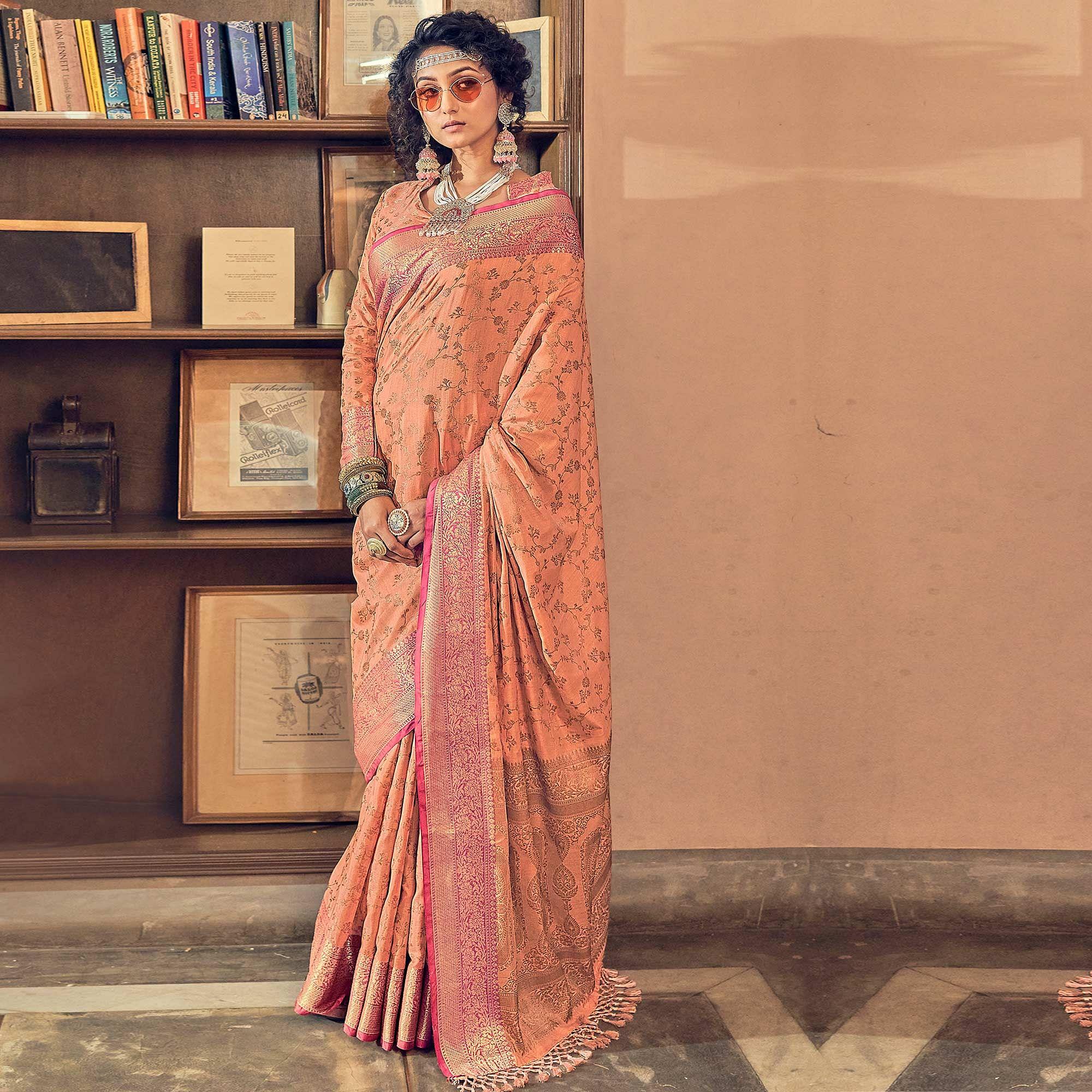 Peach Woven Pure Silk Saree With Tassels - Peachmode