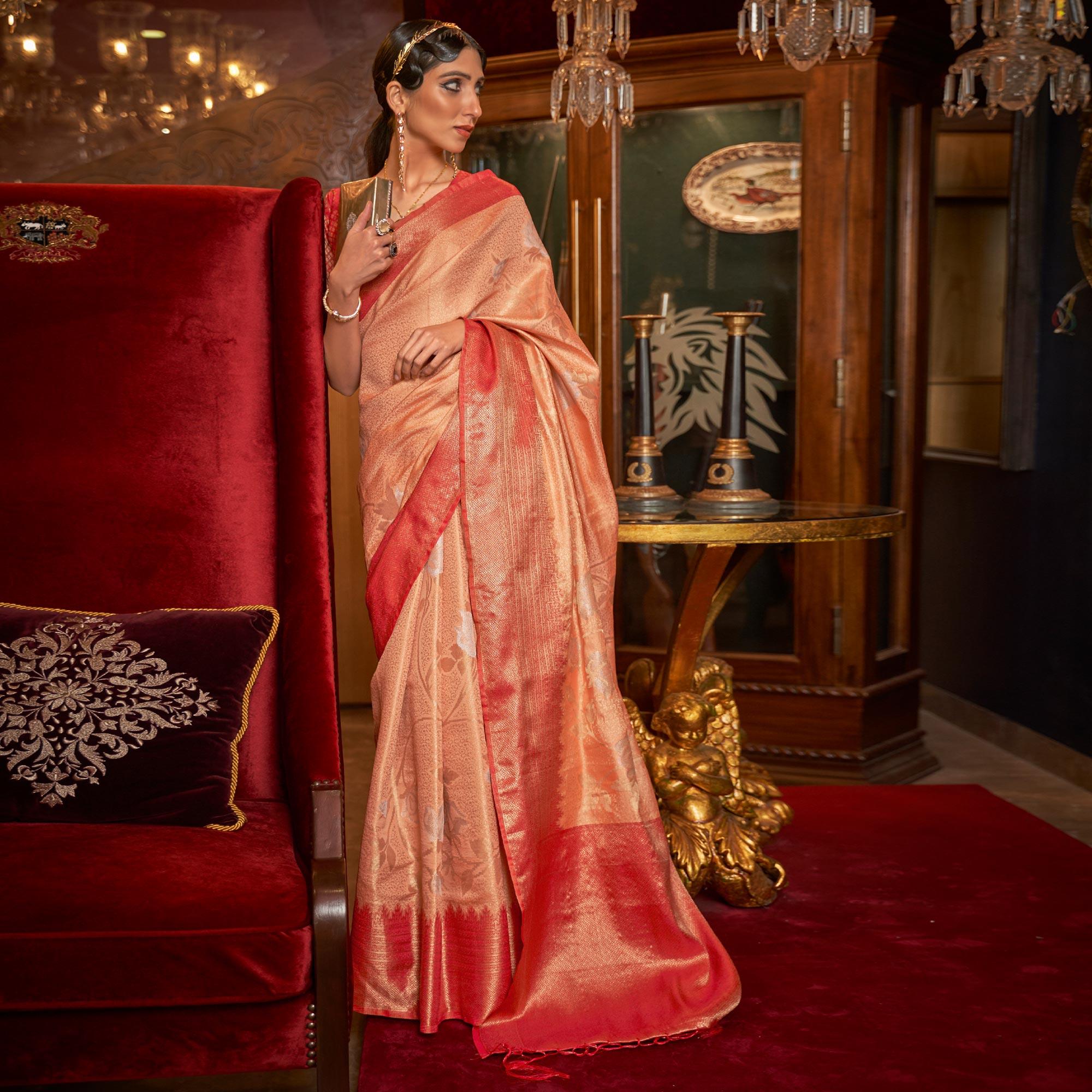 Peach Woven Pure Silk Saree With Tassels - Peachmode