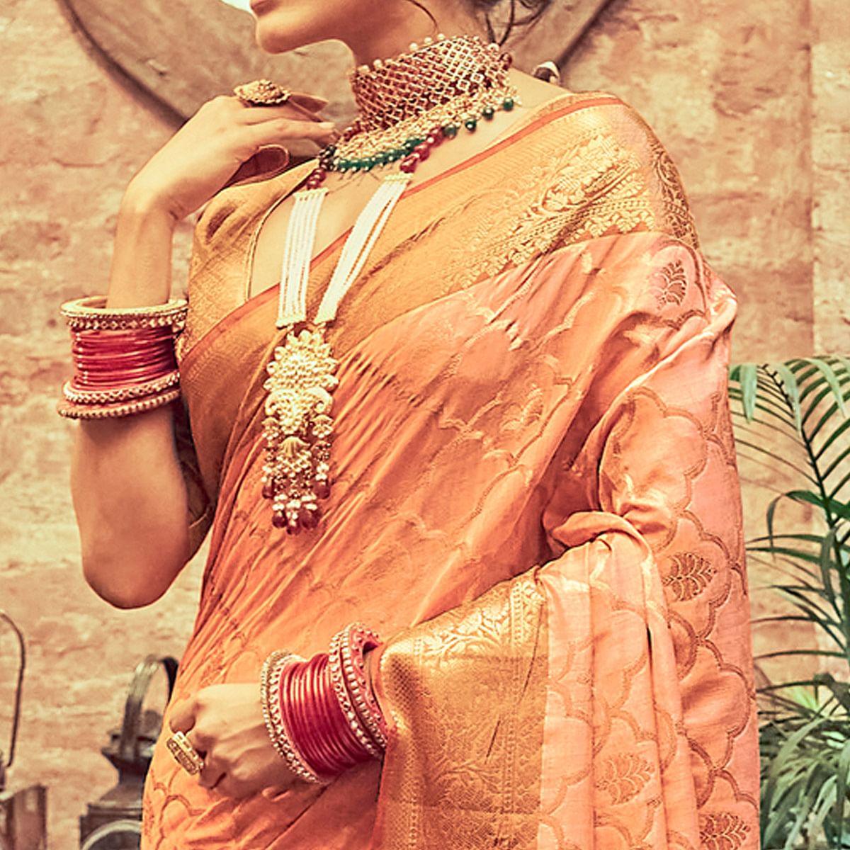 Peach Woven Pure Silk Saree With Tassels - Peachmode