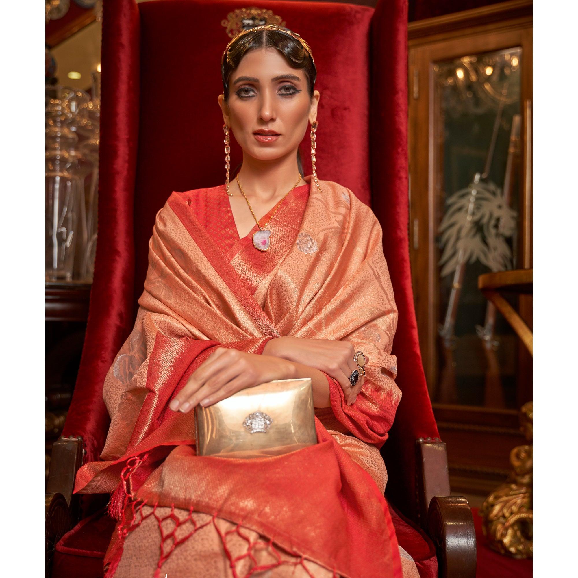 Peach Woven Pure Silk Saree With Tassels - Peachmode