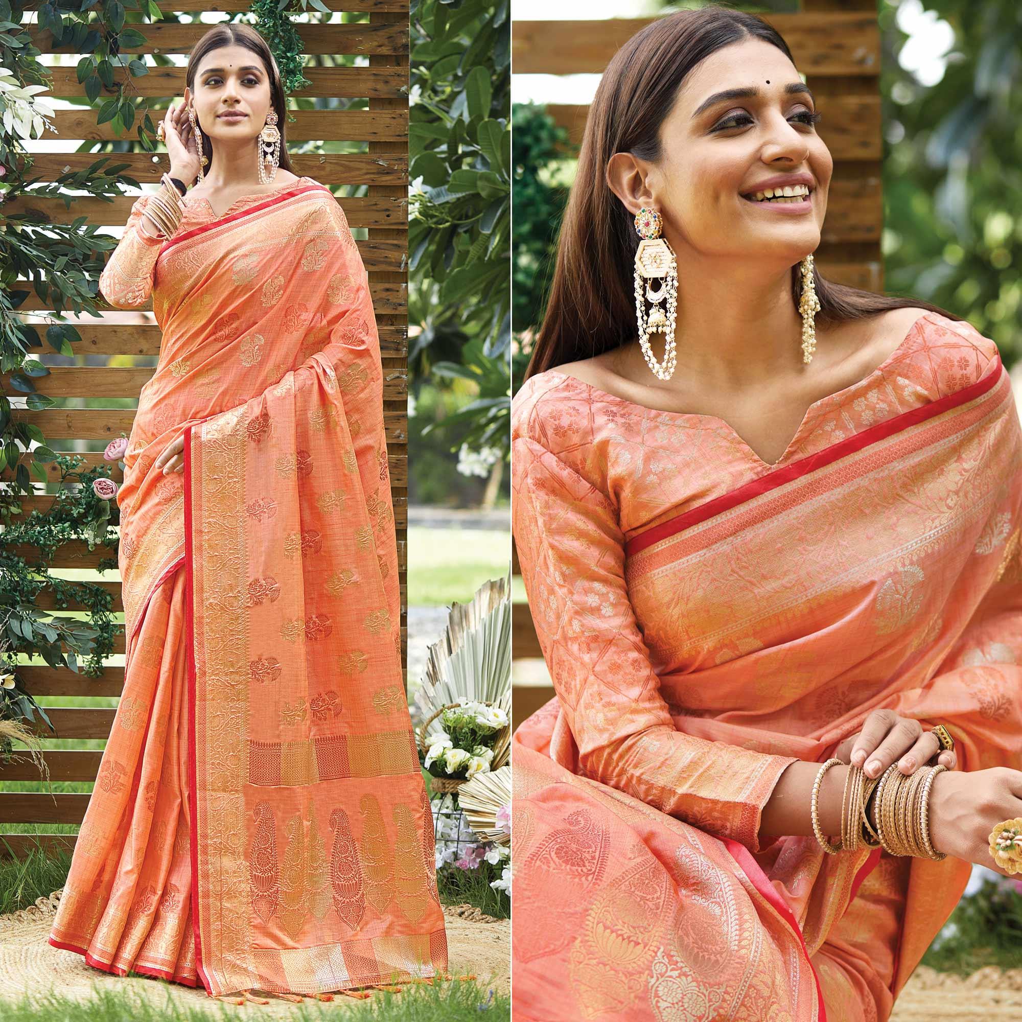 Peach Woven Raw Silk Saree With Tassels - Peachmode