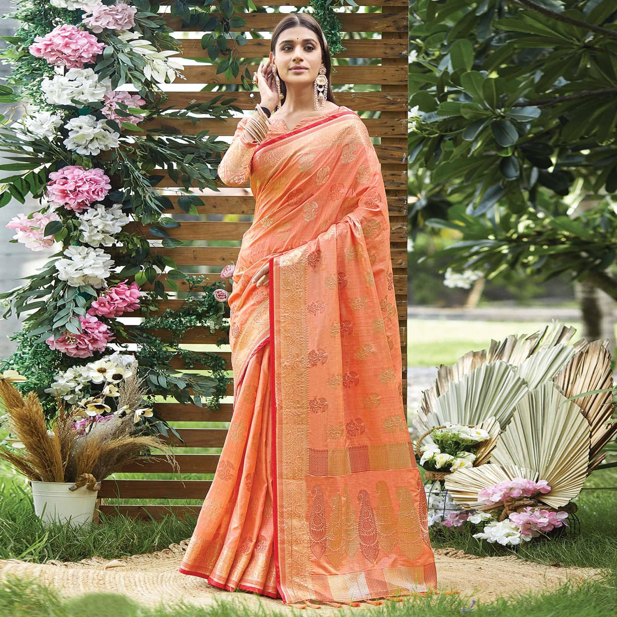 Peach Woven Raw Silk Saree With Tassels - Peachmode