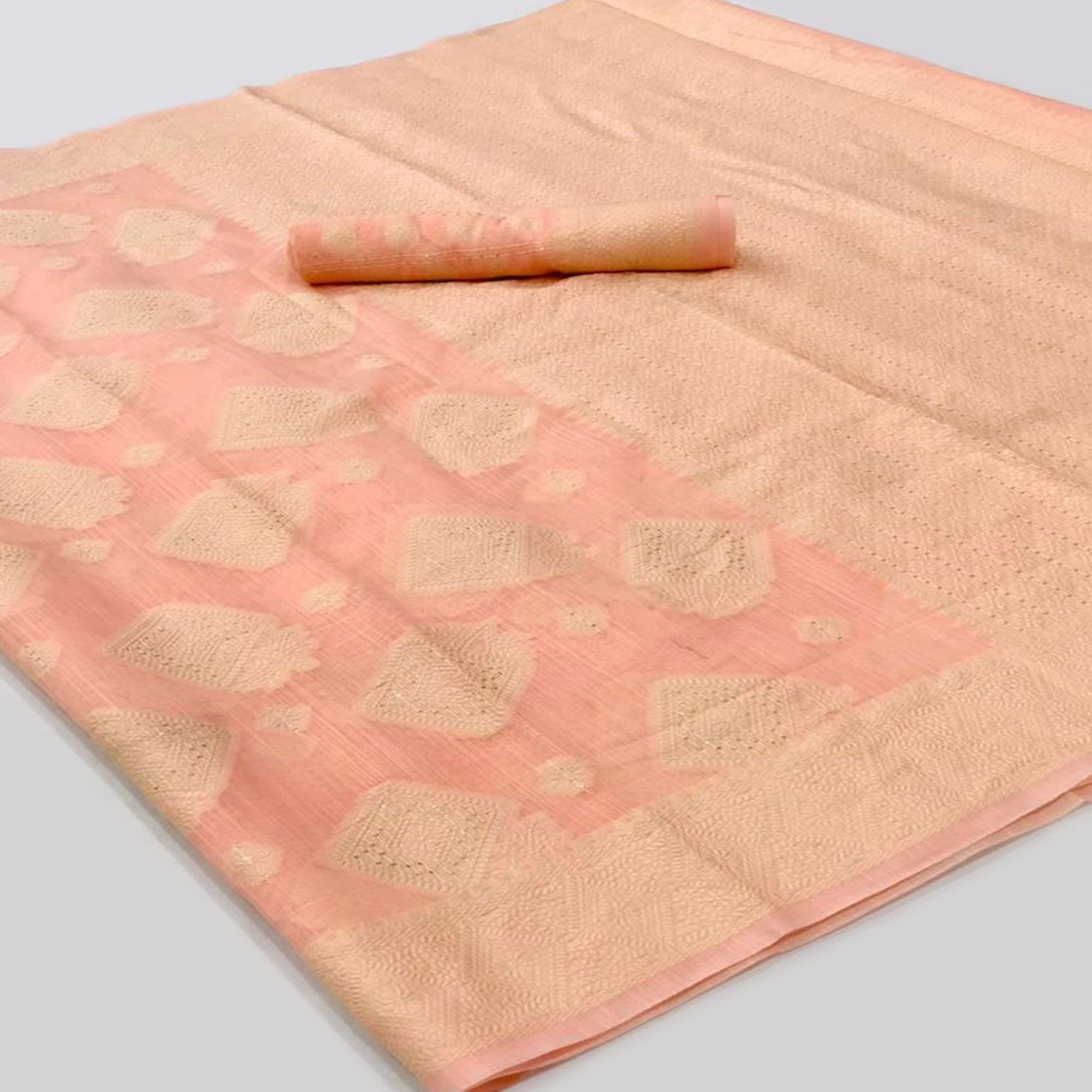 Peach Woven-Sequence Handloom Silk Saree - Peachmode