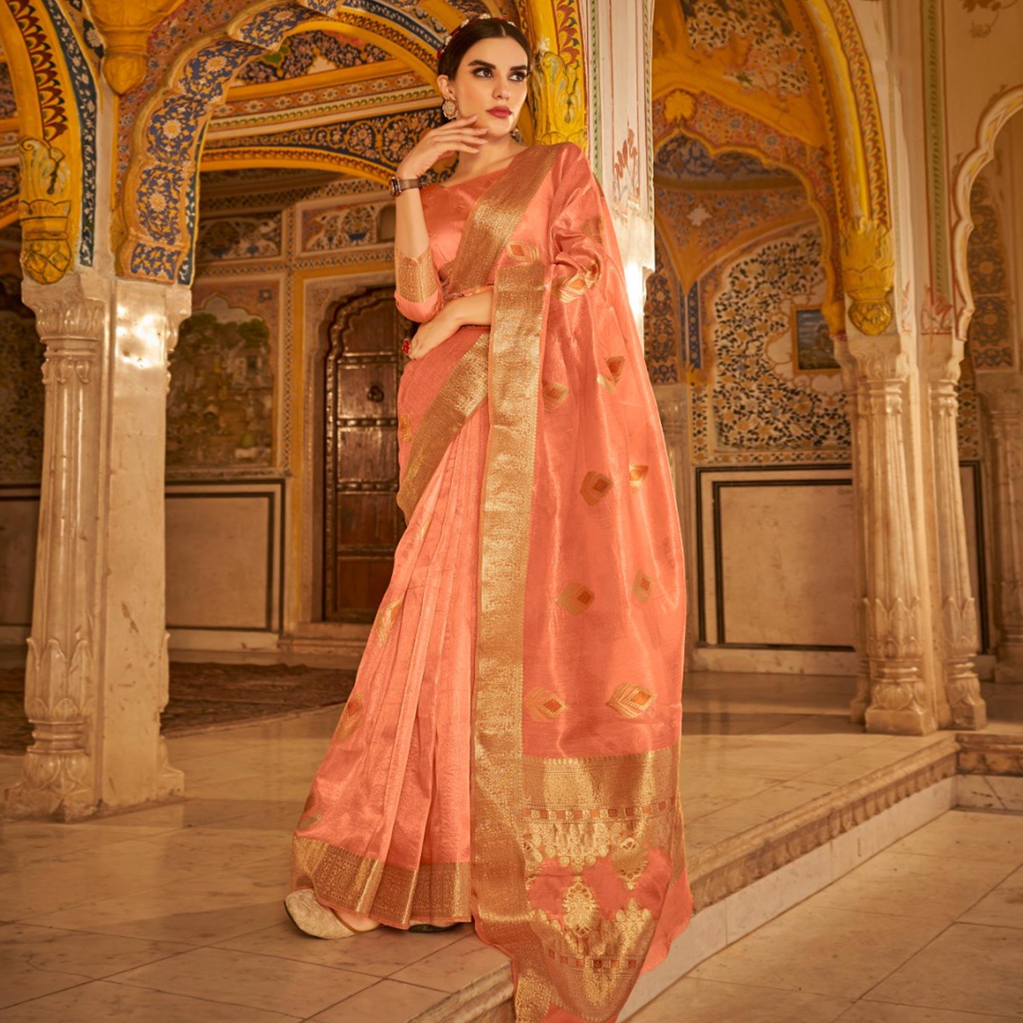 Peach Woven Tissue Silk Saree - Peachmode