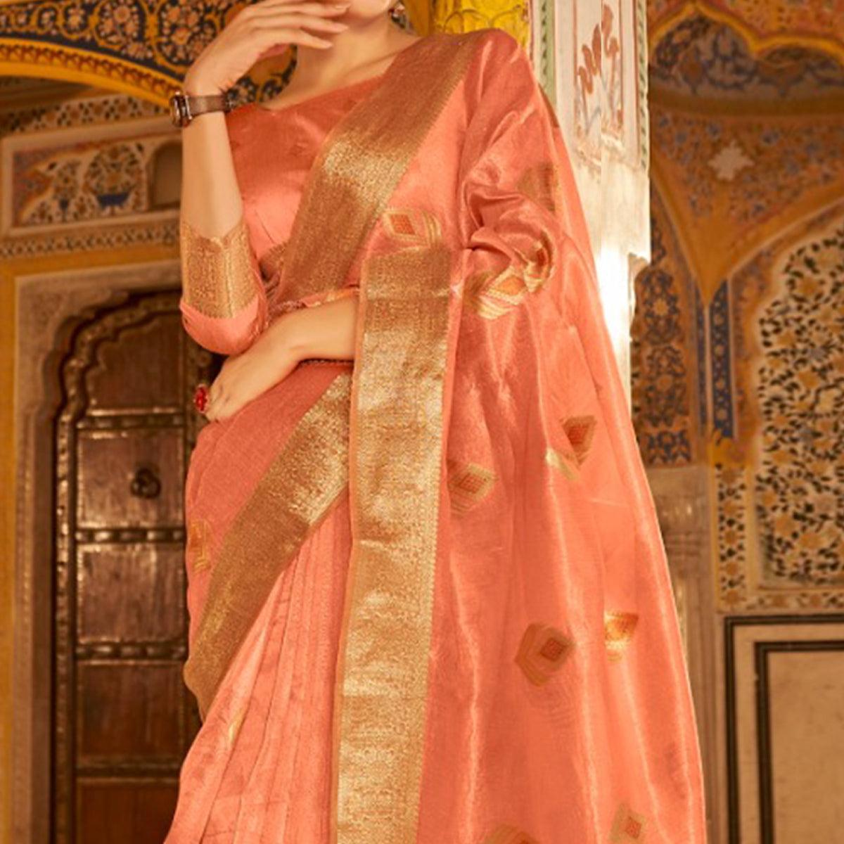Peach Woven Tissue Silk Saree - Peachmode