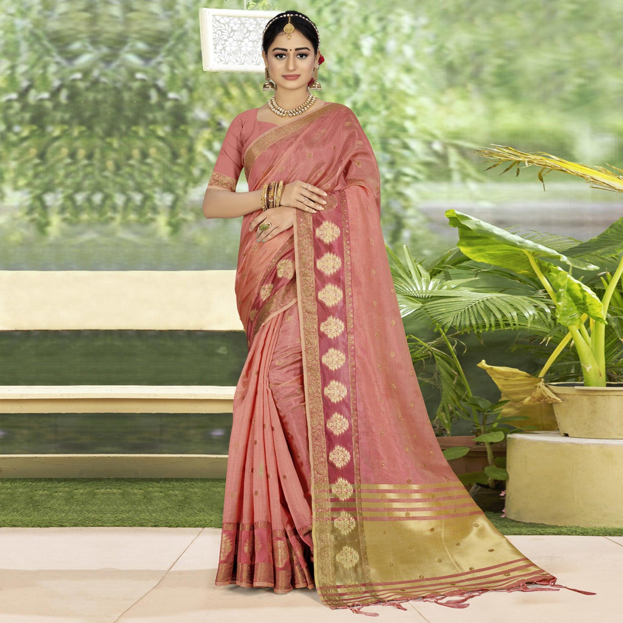 Peach Woven With Embellished Organza Saree With Tassels - Peachmode