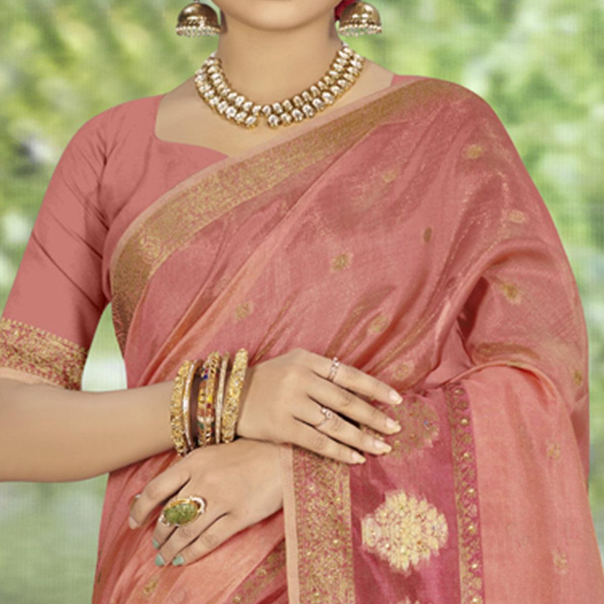 Peach Woven With Embellished Organza Saree With Tassels - Peachmode