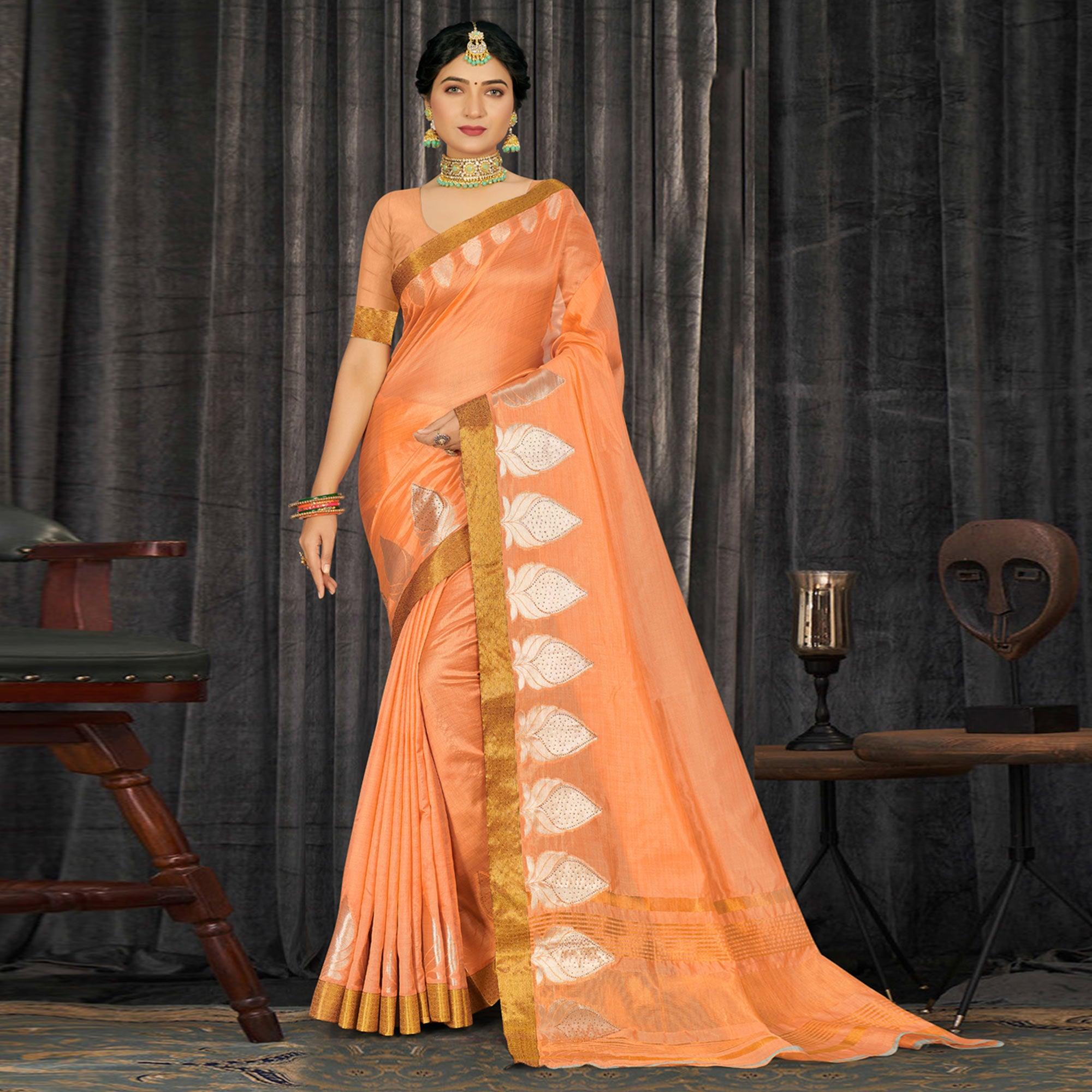 Peach Woven With Embellished Poly Cotton Saree - Peachmode