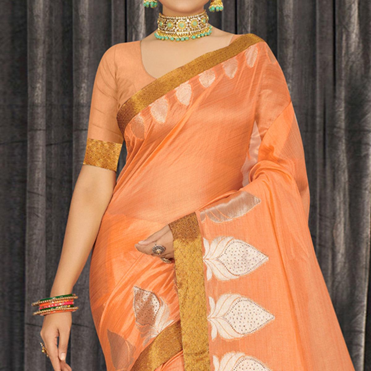 Peach Woven With Embellished Poly Cotton Saree - Peachmode