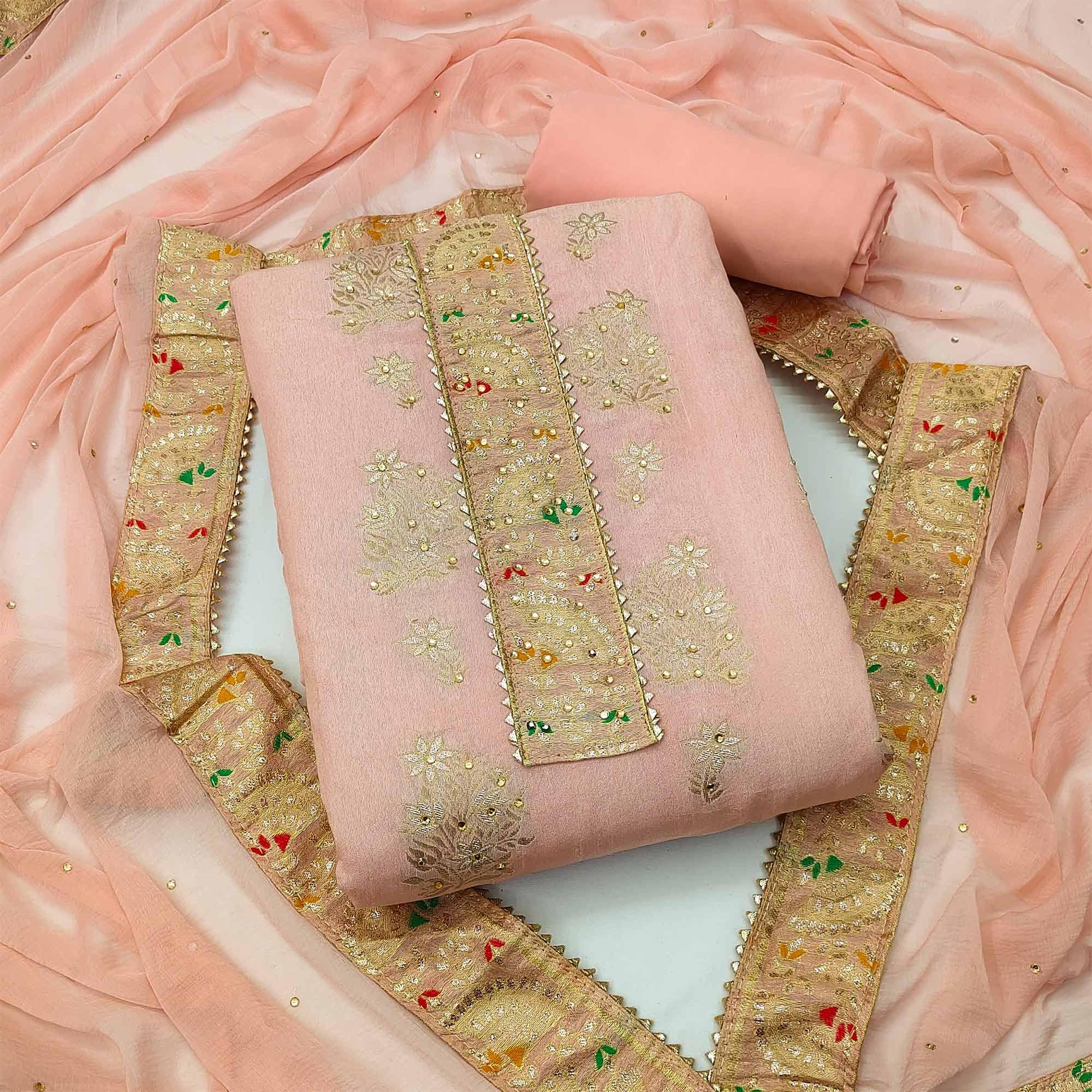 Peach Woven With Embroidered Jacquard Dress Material - Peachmode