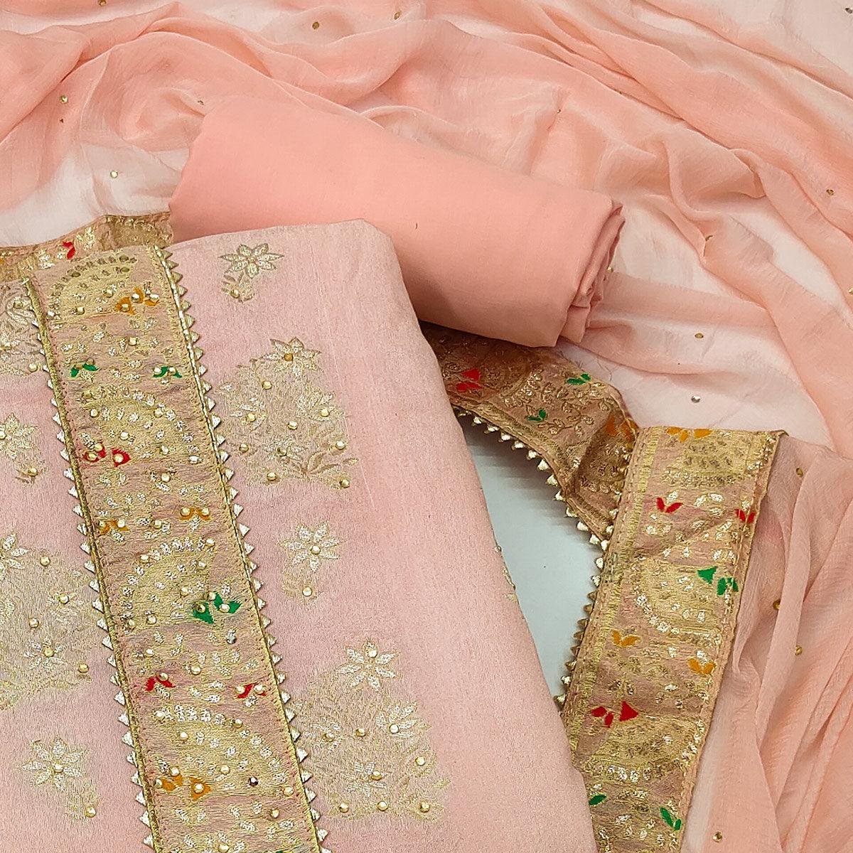 Peach Woven With Embroidered Jacquard Dress Material - Peachmode