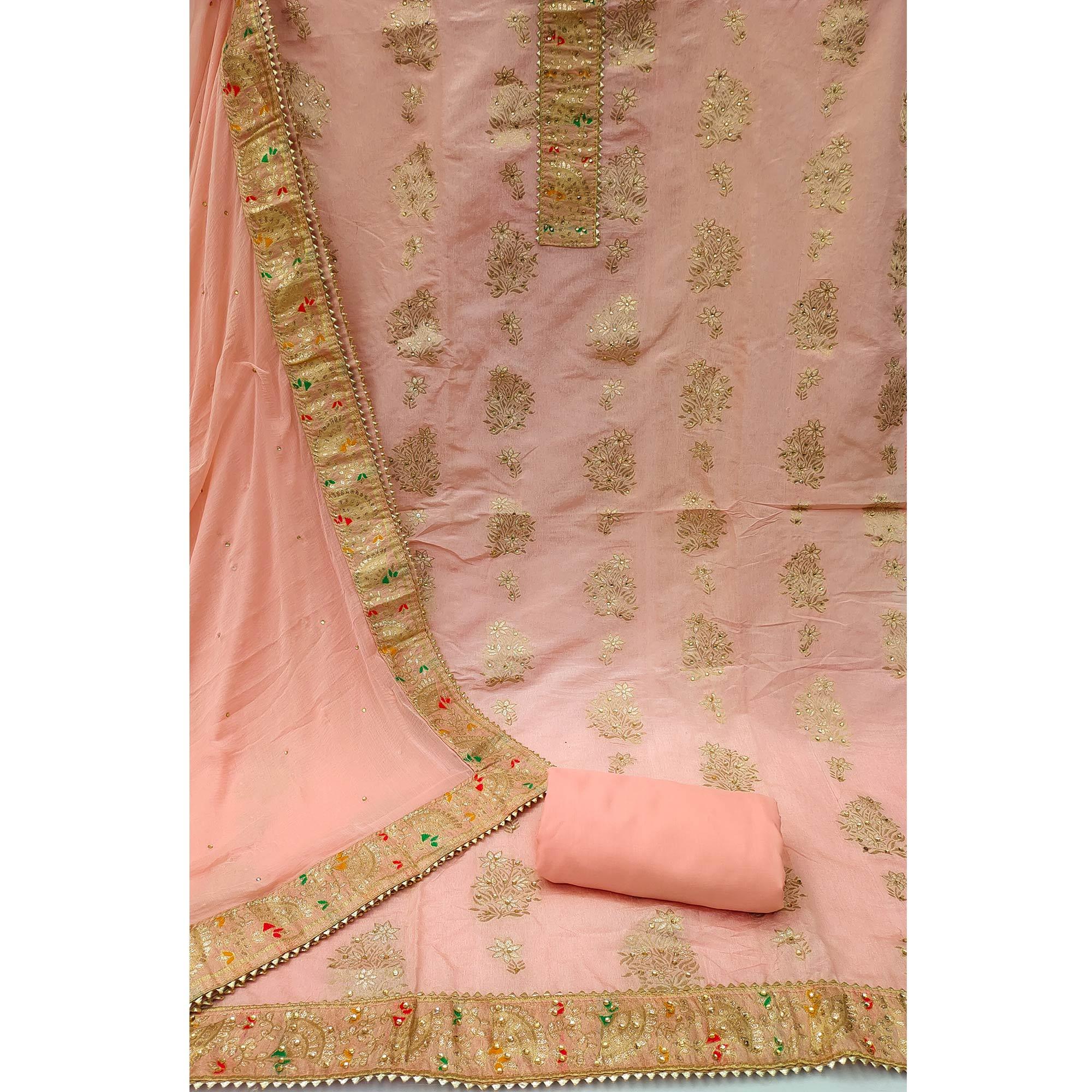 Peach Woven With Embroidered Jacquard Dress Material - Peachmode