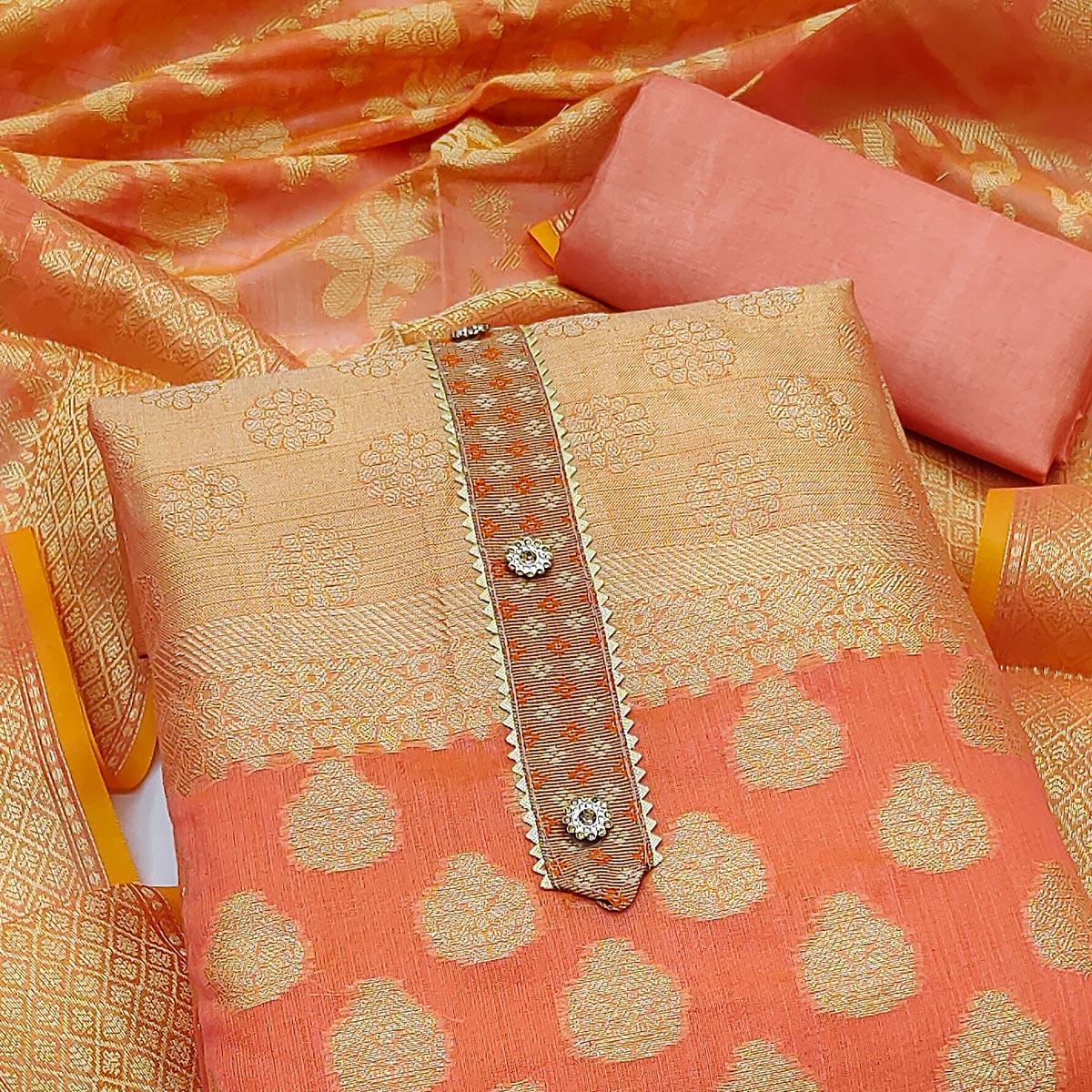 Peach Woven With Gota Patti Work Banarasi Silk Dress Material - Peachmode