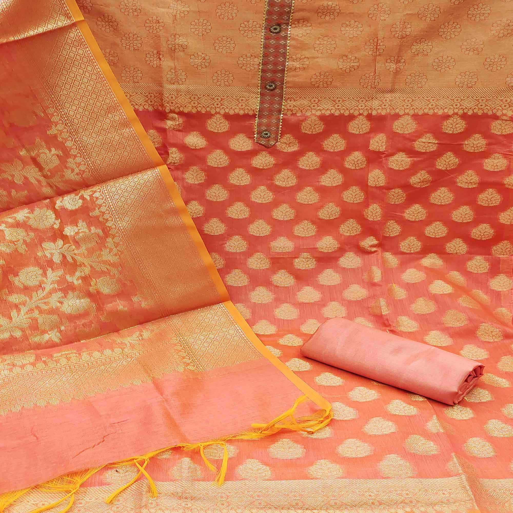 Peach Woven With Gota Patti Work Banarasi Silk Dress Material - Peachmode