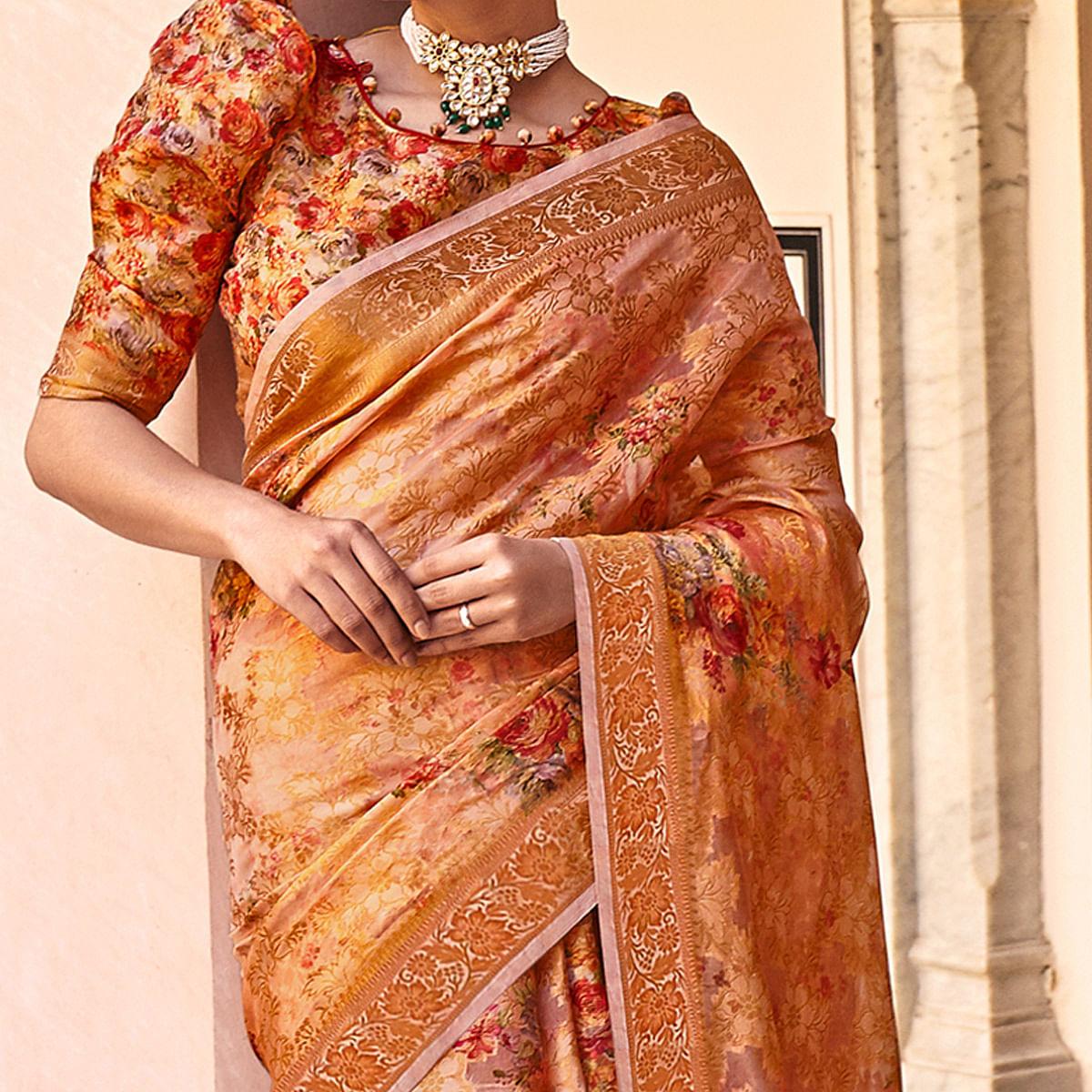 Peach Woven With Printed Cotton Silk Saree With Tassels - Peachmode