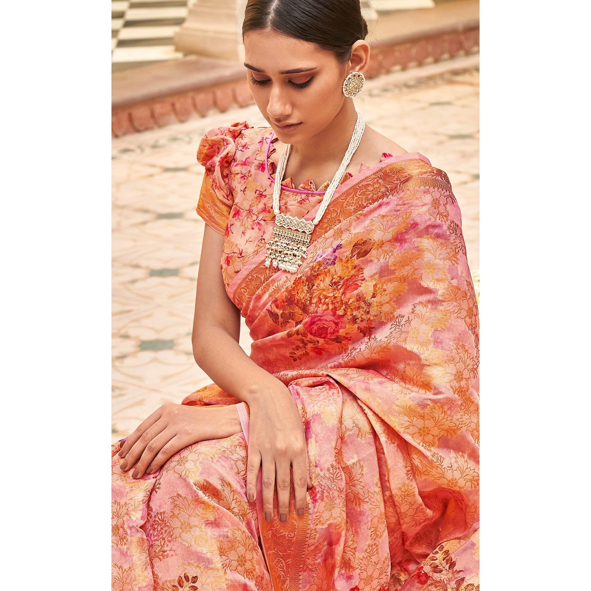 Peach Woven With Printed Cotton Silk Saree With Tassels - Peachmode