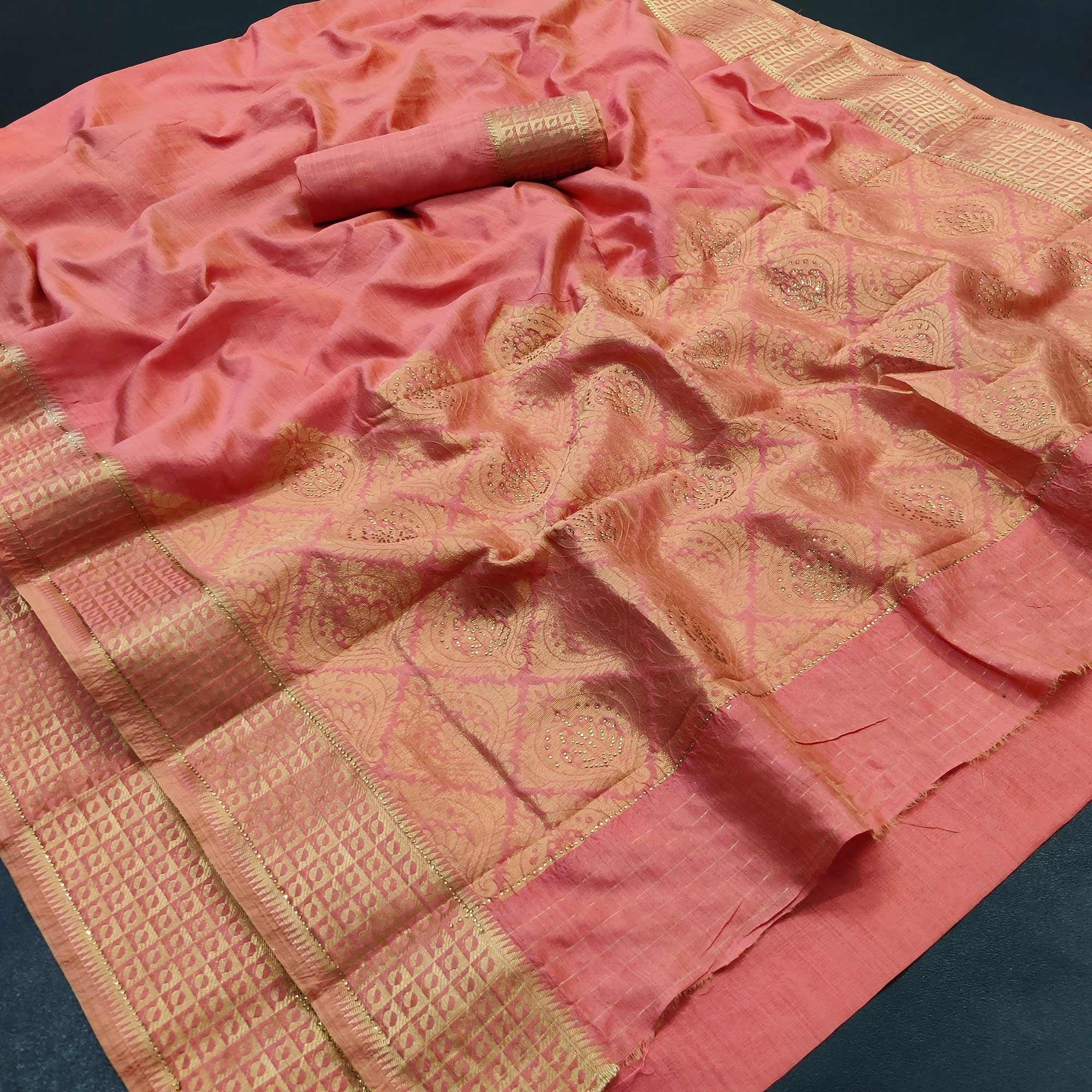 Peach Woven With Stone Work Art Silk Saree - Peachmode