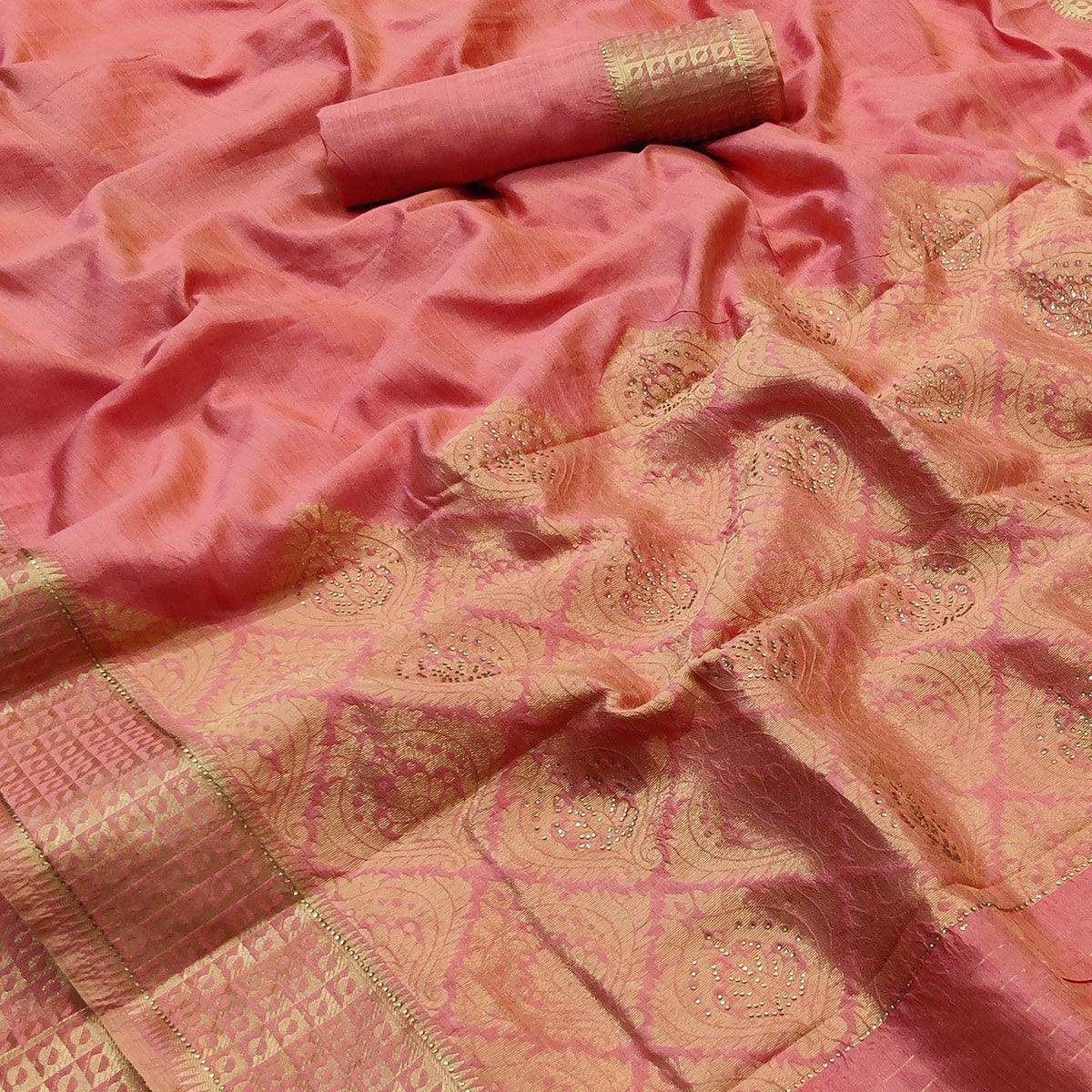 Peach Woven With Stone Work Art Silk Saree - Peachmode