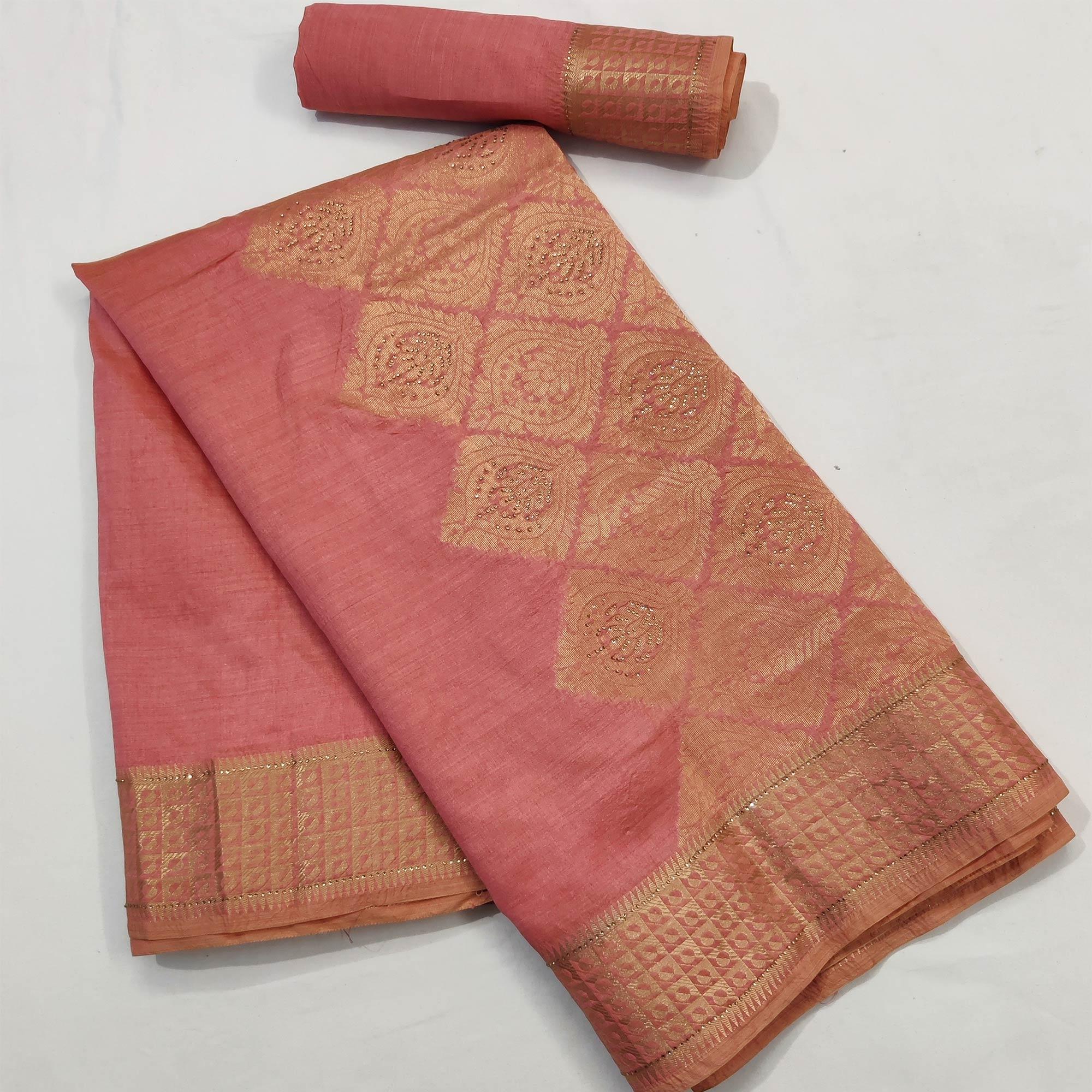 Peach Woven With Stone Work Art Silk Saree - Peachmode