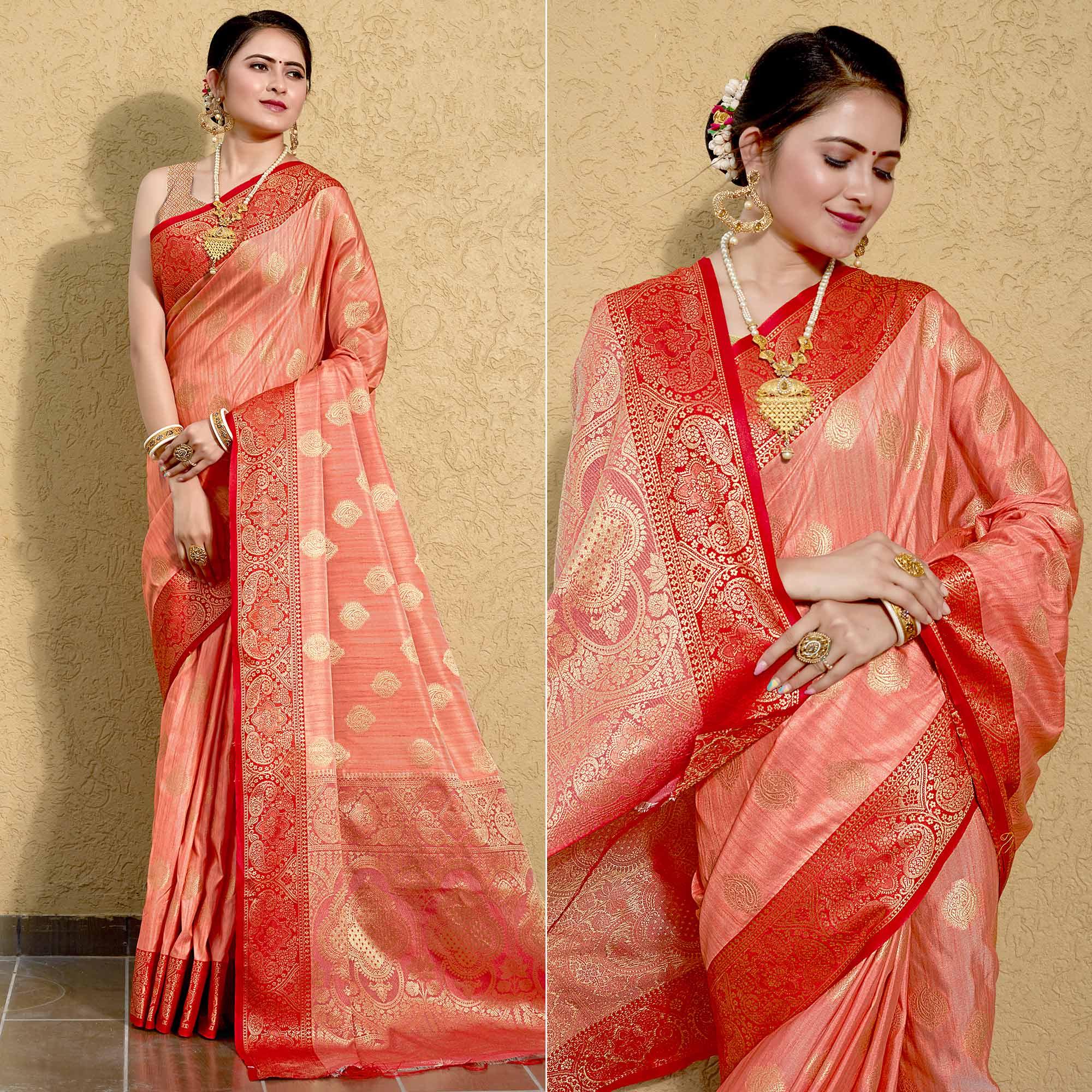 Peach Zari Woven Art Silk Saree - Peachmode