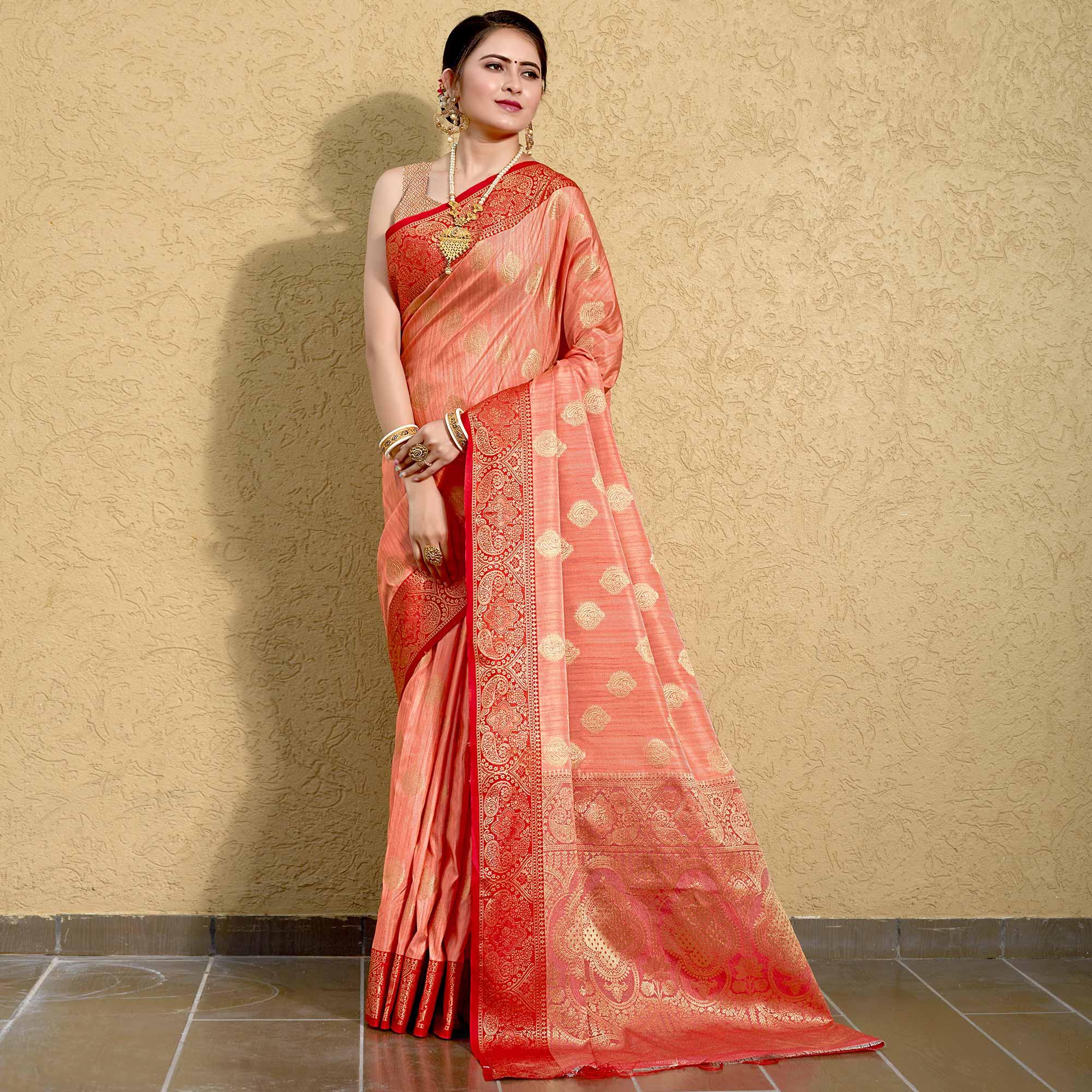 Peach Zari Woven Art Silk Saree - Peachmode