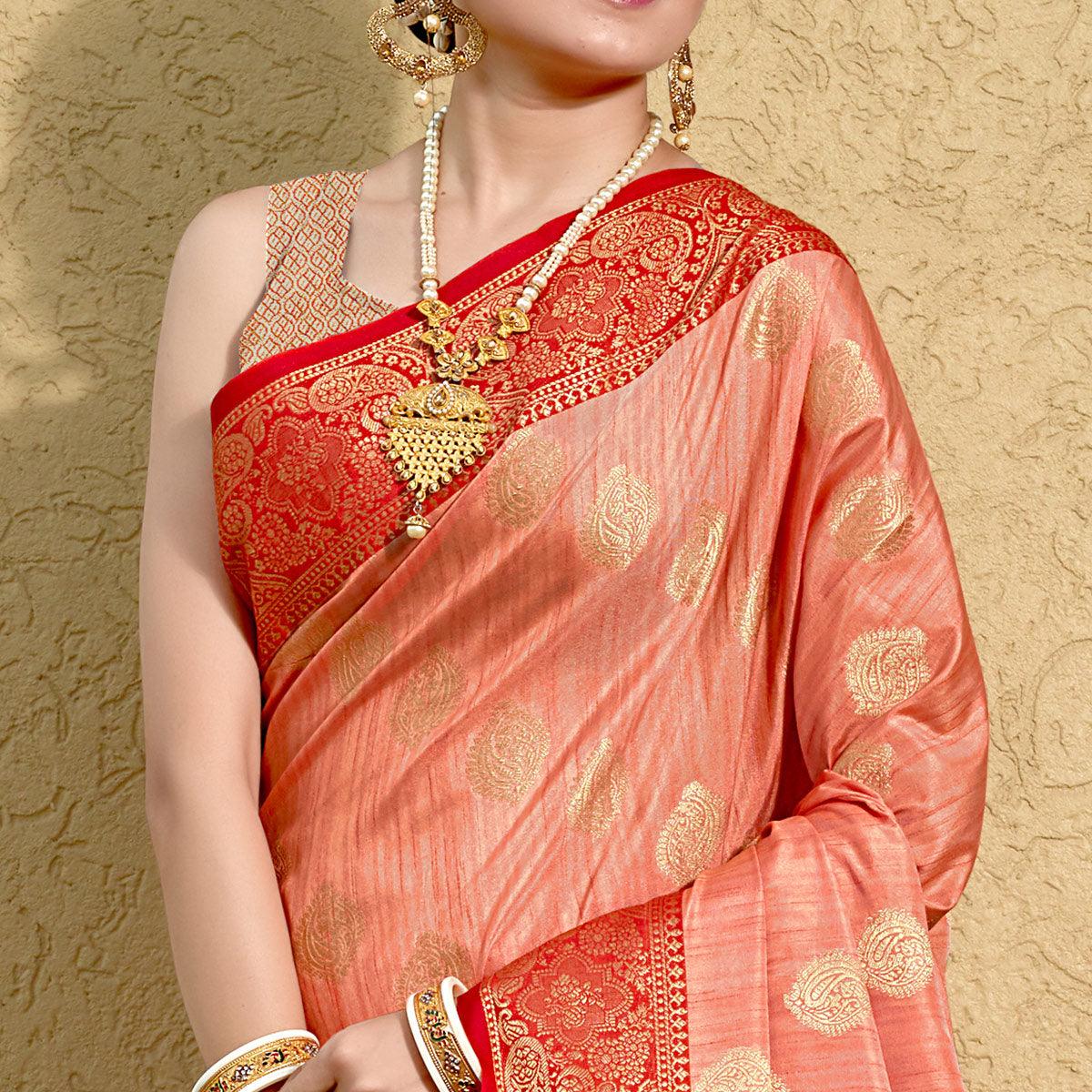 Peach Zari Woven Art Silk Saree - Peachmode