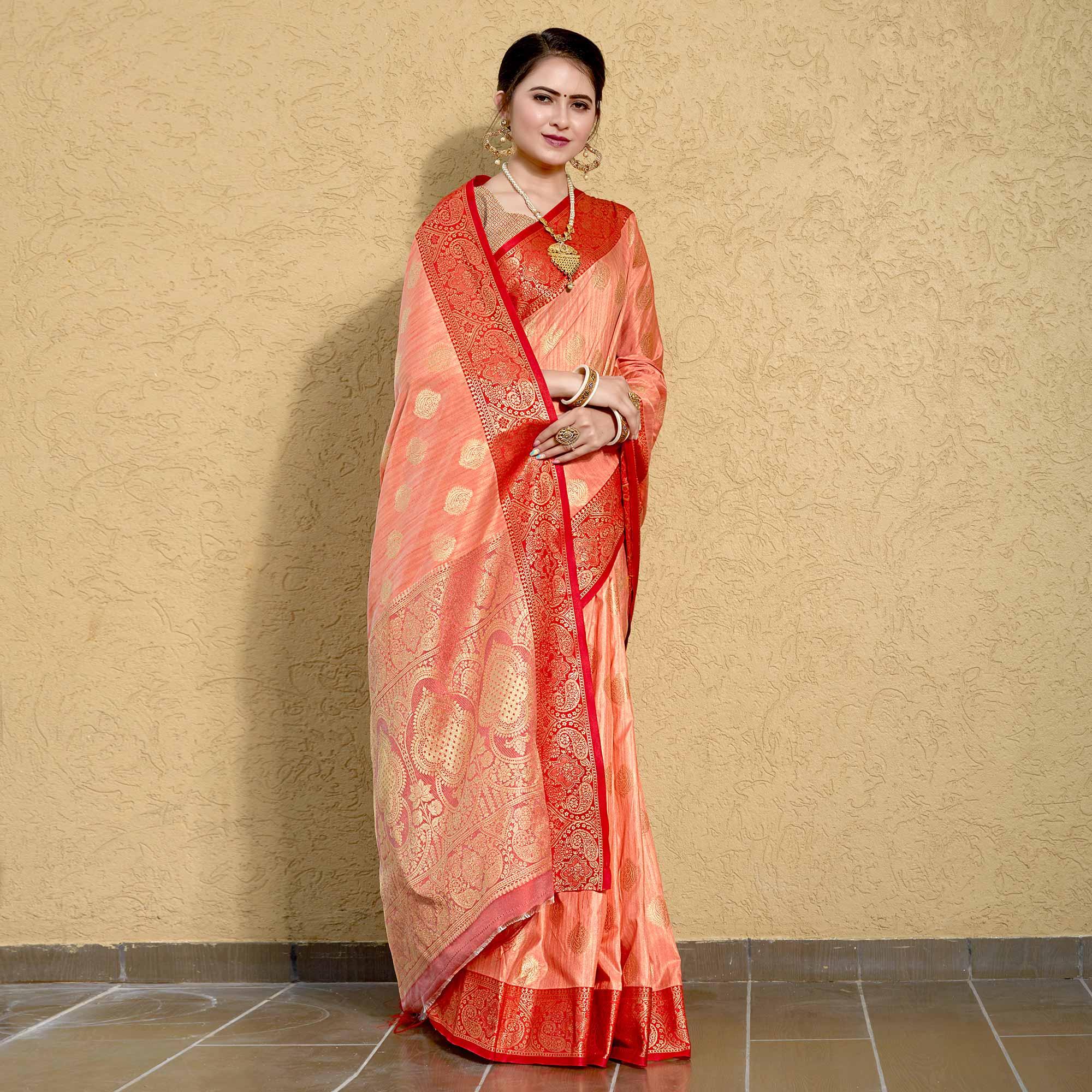 Peach Zari Woven Art Silk Saree - Peachmode