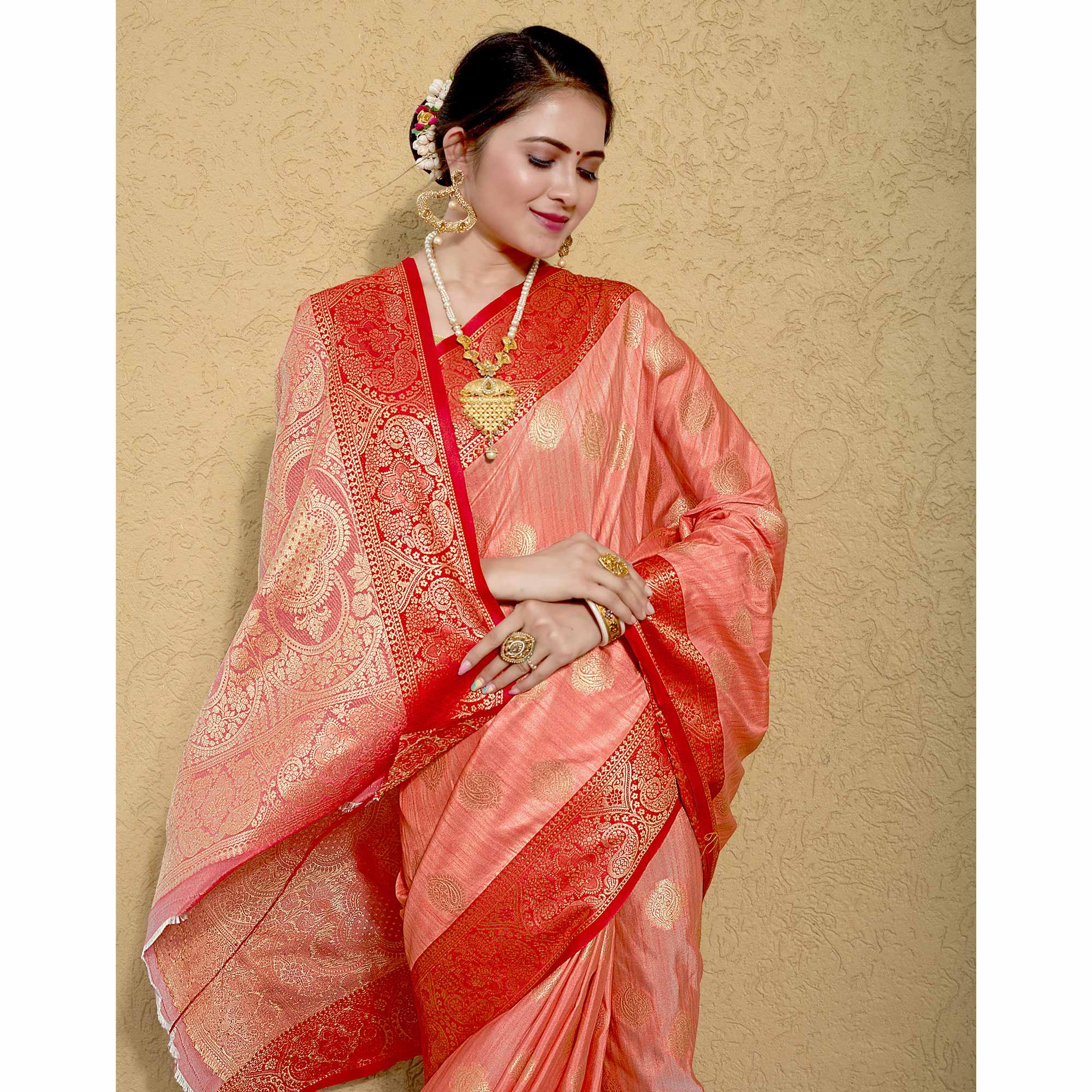 Peach Zari Woven Art Silk Saree - Peachmode