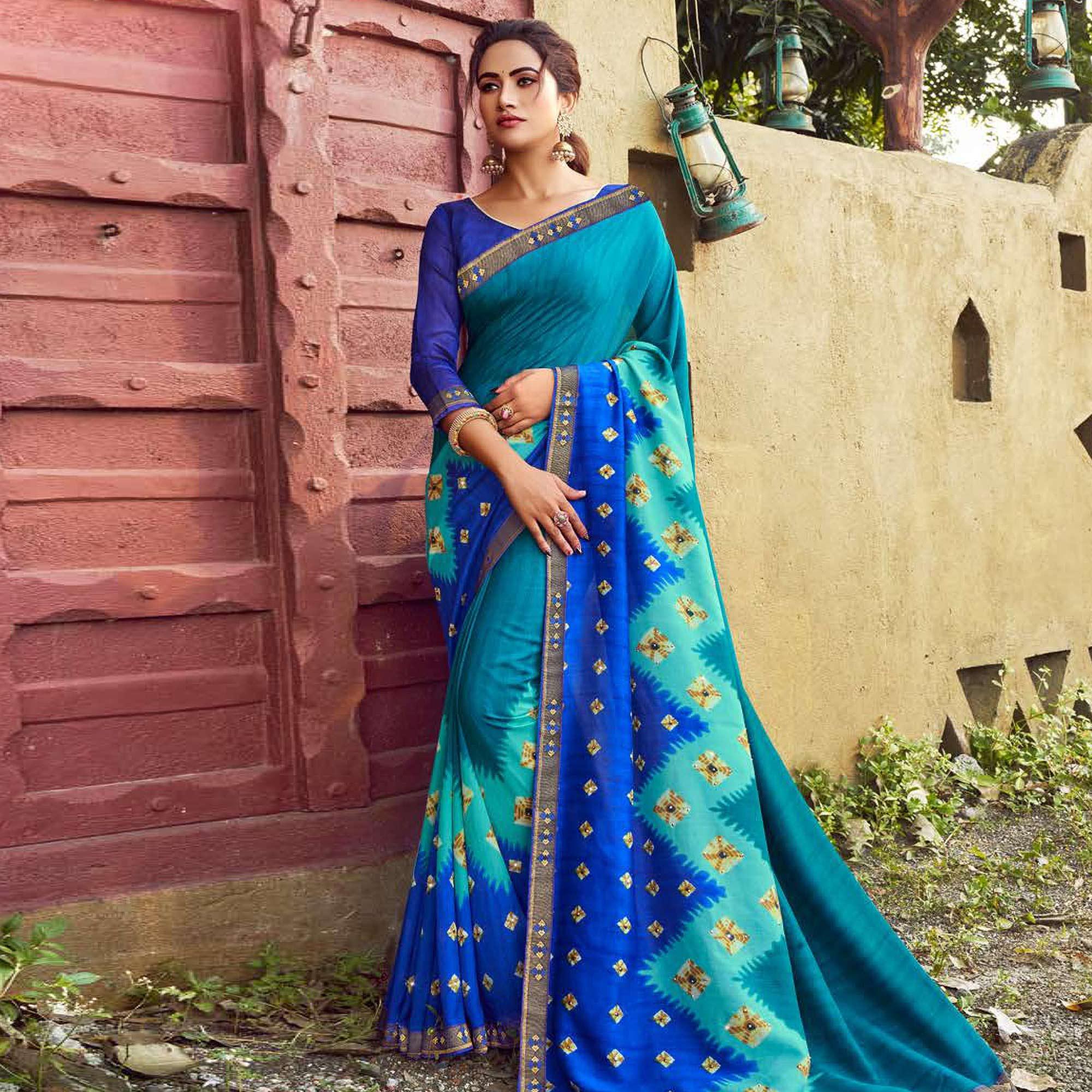 Peacock Blue Casual Wear Bandhani Printed Silk Saree - Peachmode