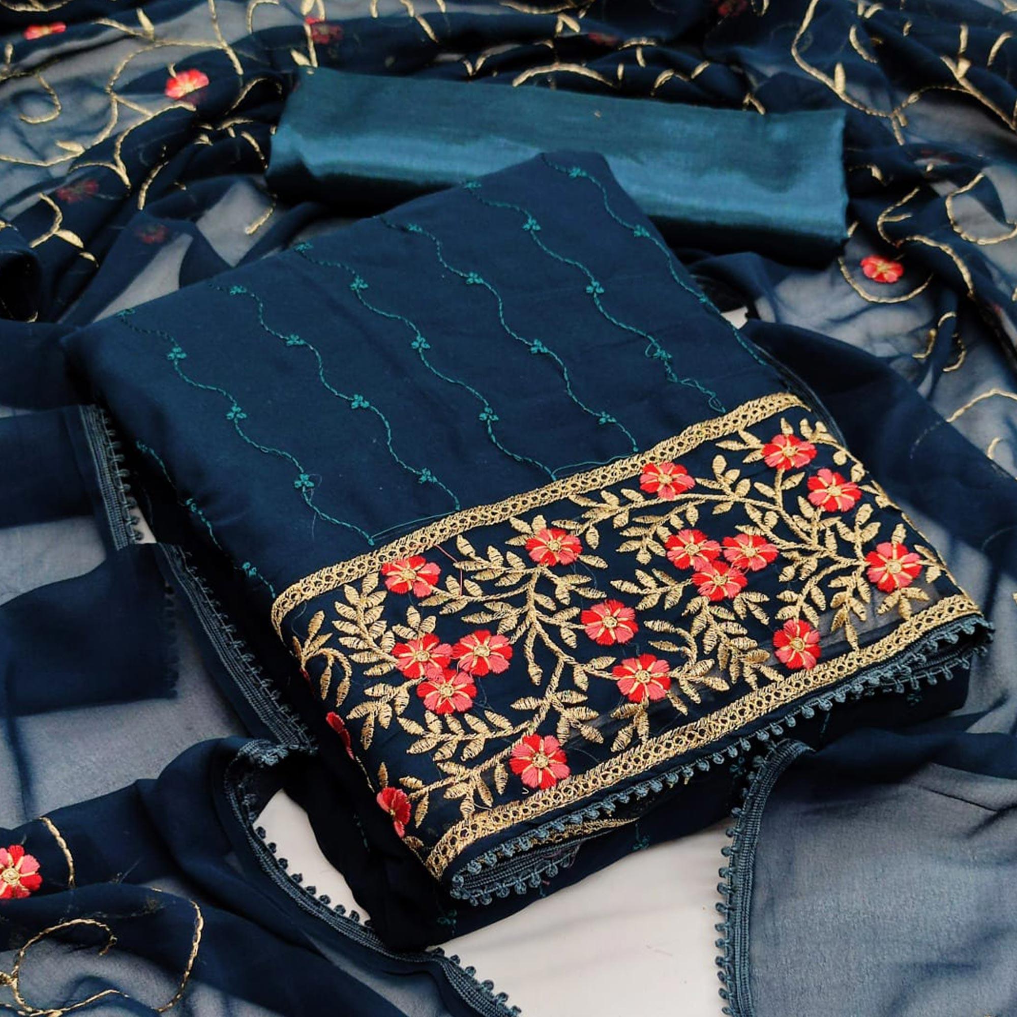 Peacock Blue Casual Wear Floral Embroidered Georgette Dress Material - Peachmode