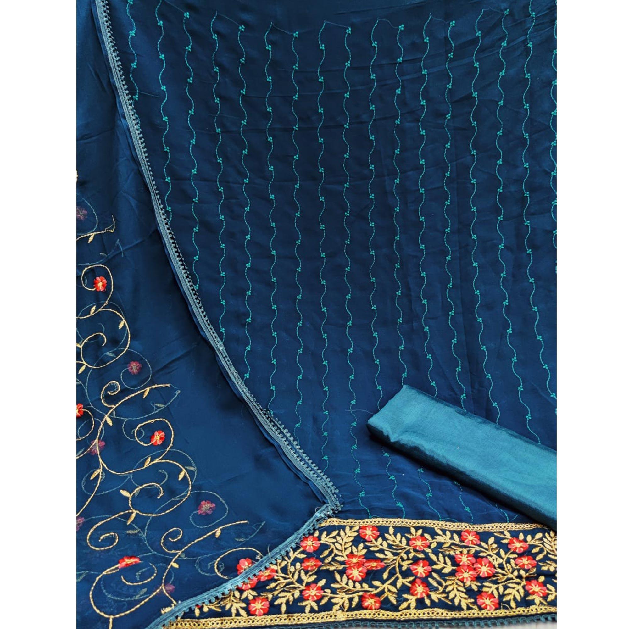 Peacock Blue Casual Wear Floral Embroidered Georgette Dress Material - Peachmode