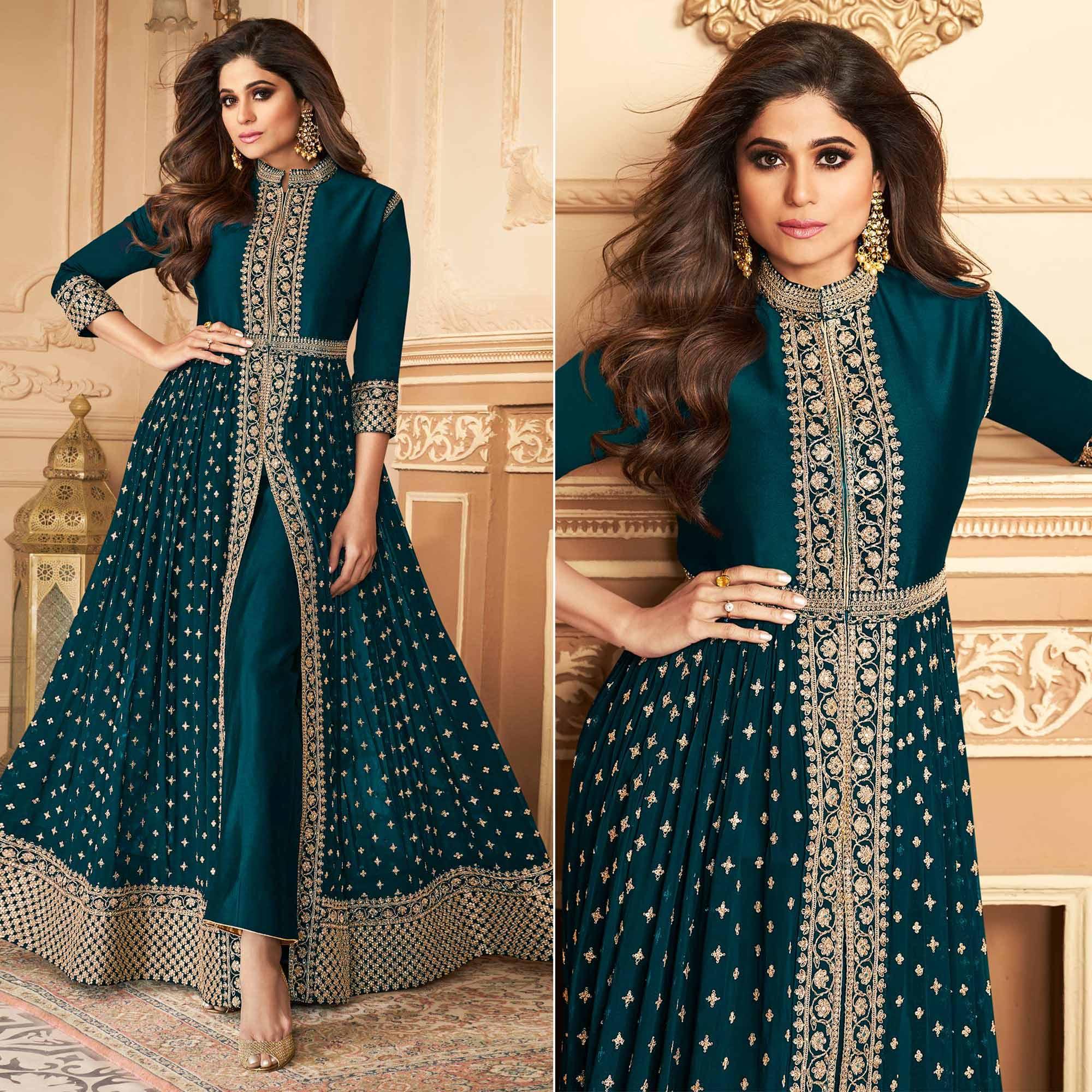 Peacock Blue Embroidered Georgette Gown - Peachmode