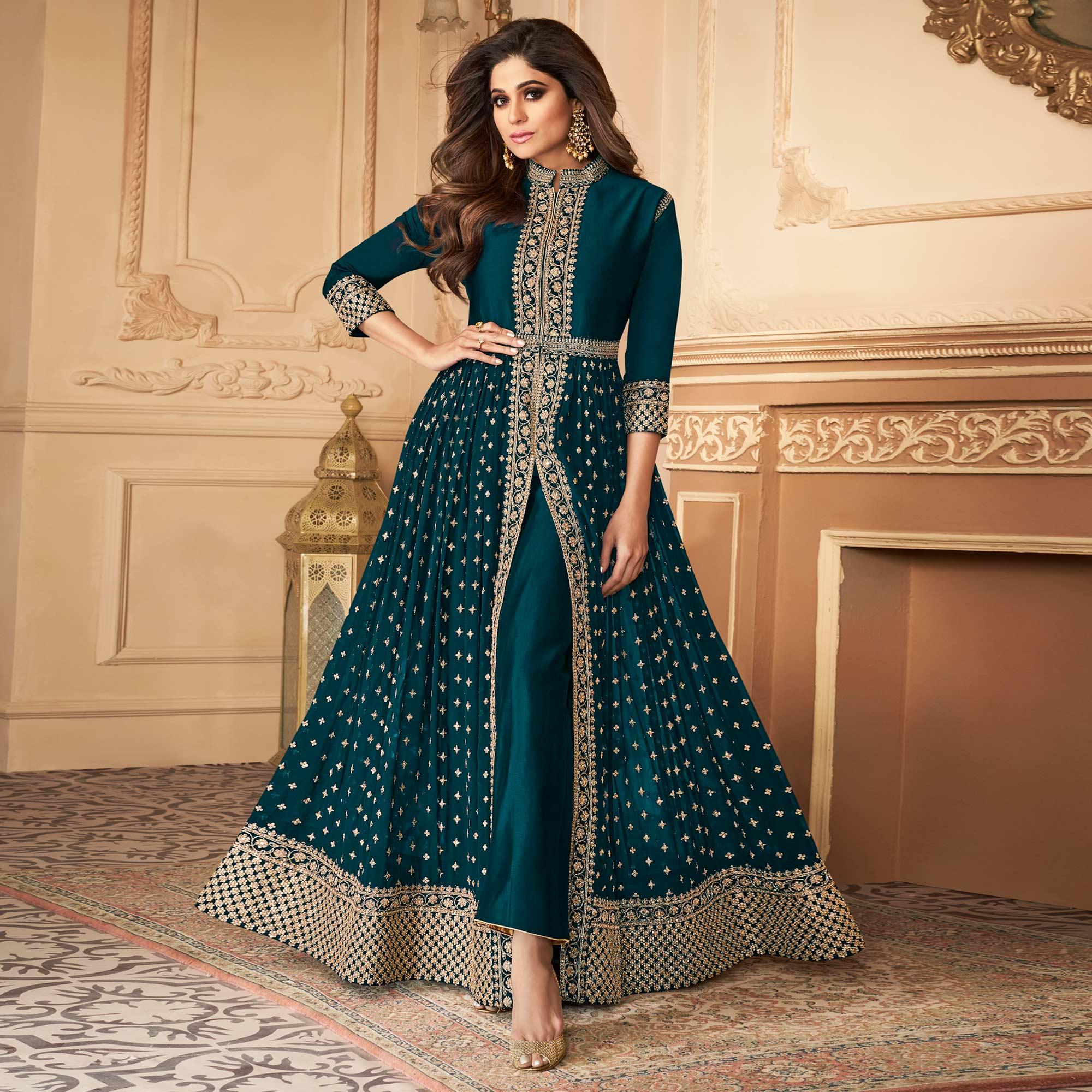 Peacock Blue Embroidered Georgette Gown - Peachmode