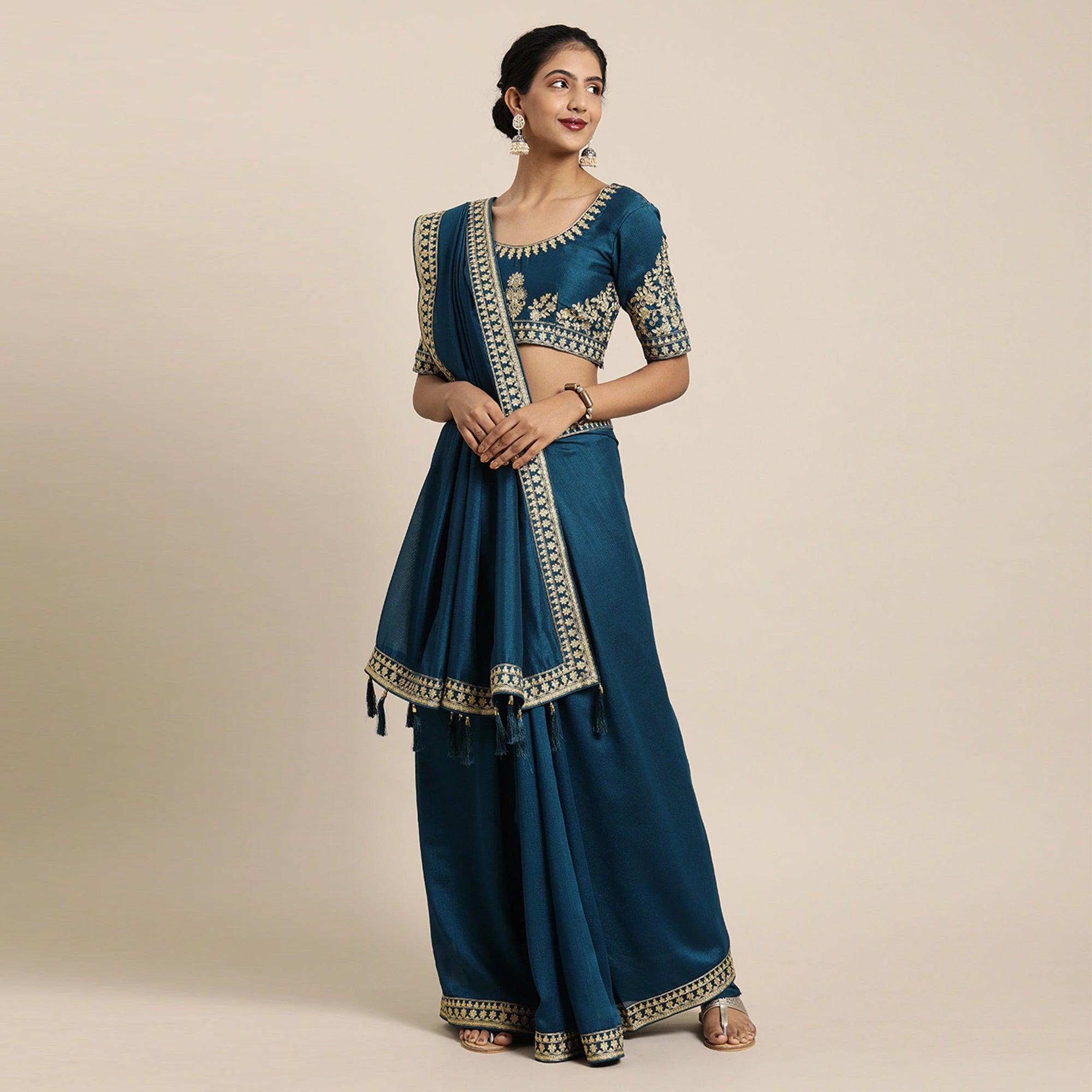 Peacock Blue Festive Wear Woven Silk Saree - Peachmode