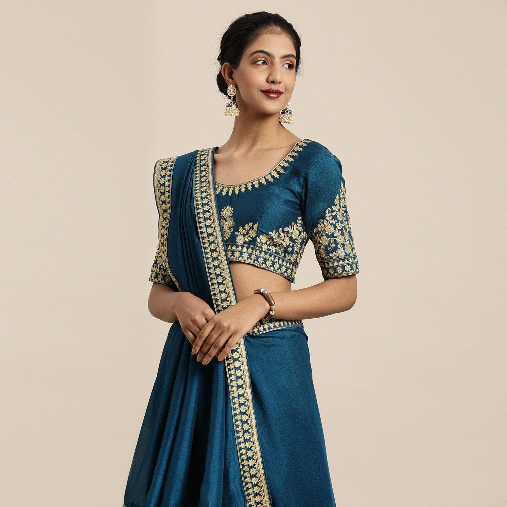 Peacock Blue Festive Wear Woven Silk Saree - Peachmode