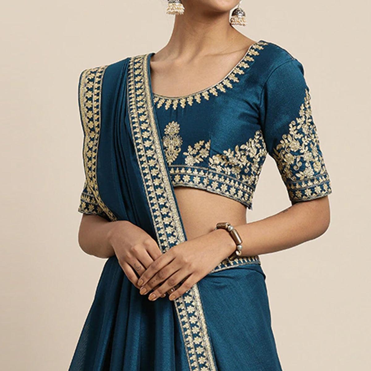 Peacock Blue Festive Wear Woven Silk Saree - Peachmode