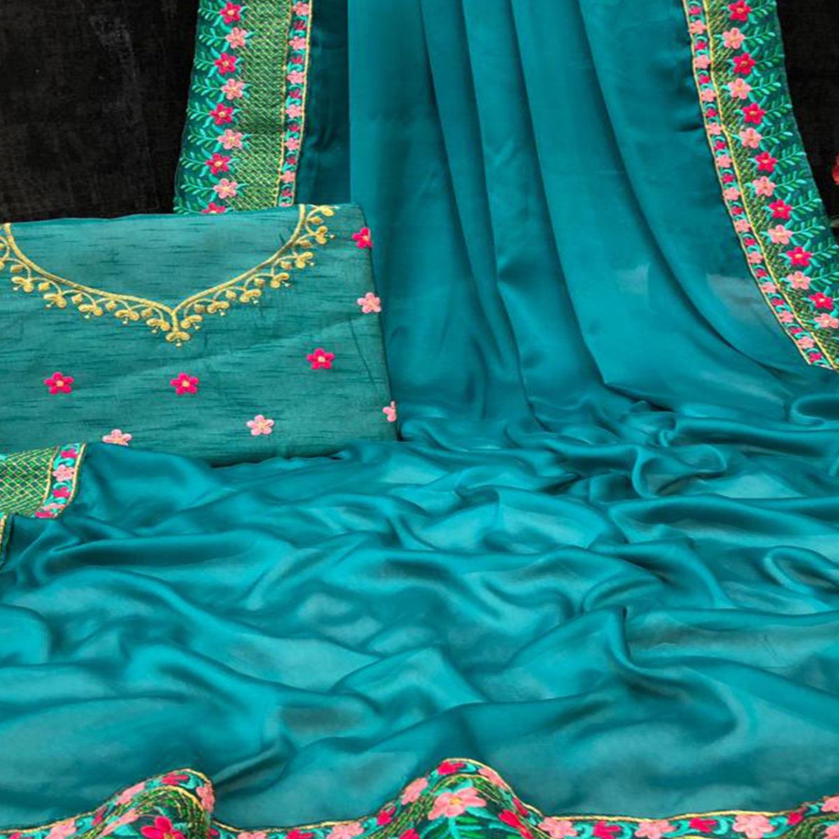 Peacock Blue Partywear Embroidered Rangoli Silk Saree - Peachmode