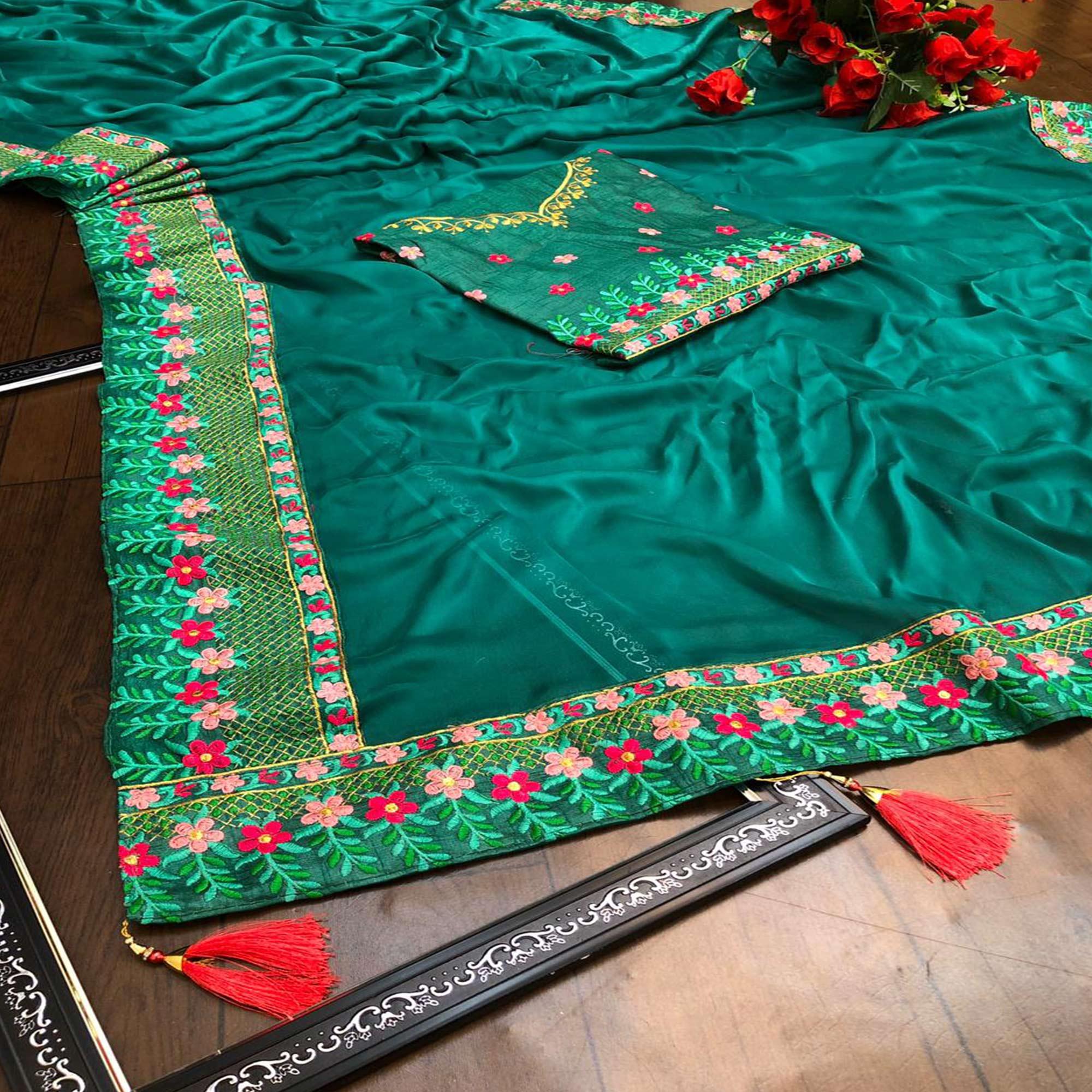 Peacock Blue Partywear Embroidered Rangoli Silk Saree - Peachmode
