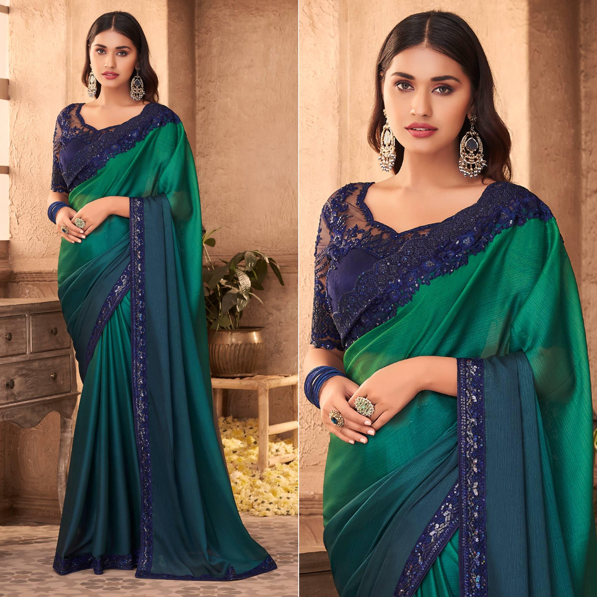 Peacock Green Partywear Embroidered Silk Half and Half Saree - Peachmode