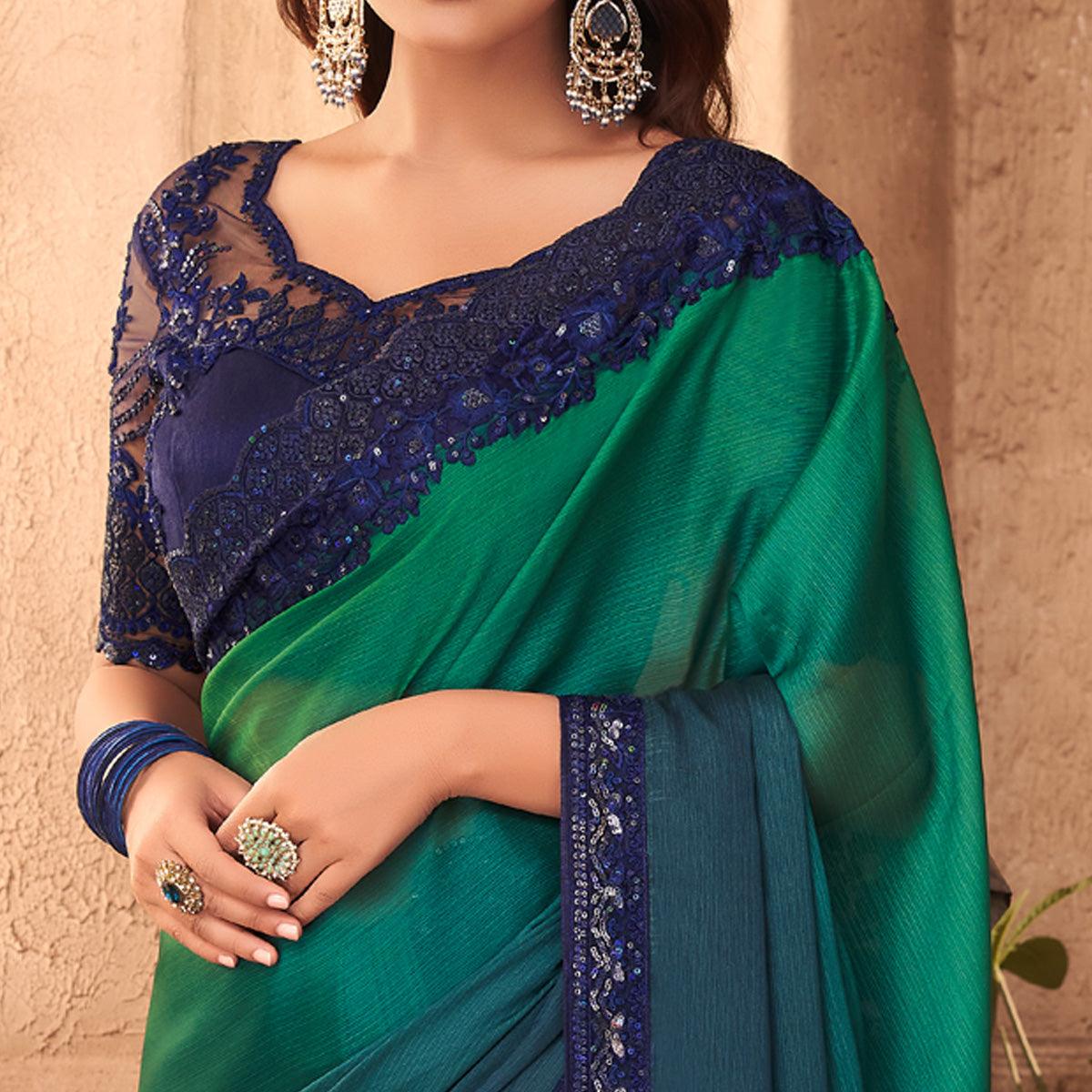 Peacock Green Partywear Embroidered Silk Half and Half Saree - Peachmode