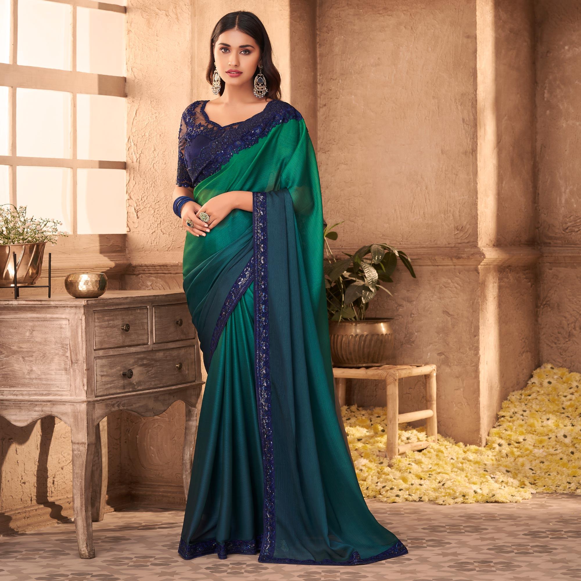 Peacock Green Partywear Embroidered Silk Half and Half Saree - Peachmode