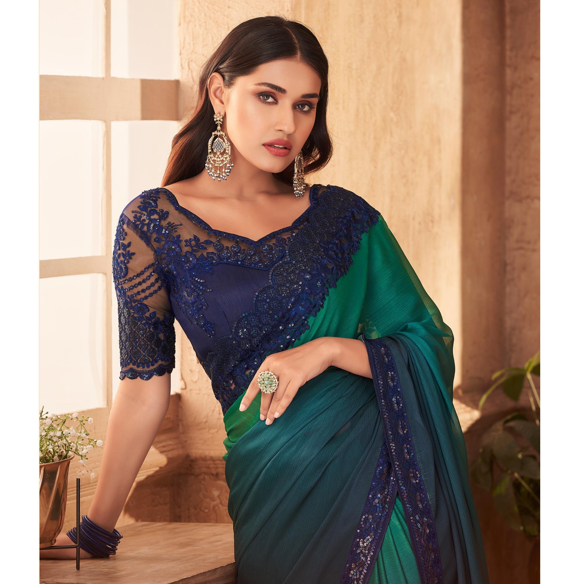 Peacock Green Partywear Embroidered Silk Half and Half Saree - Peachmode