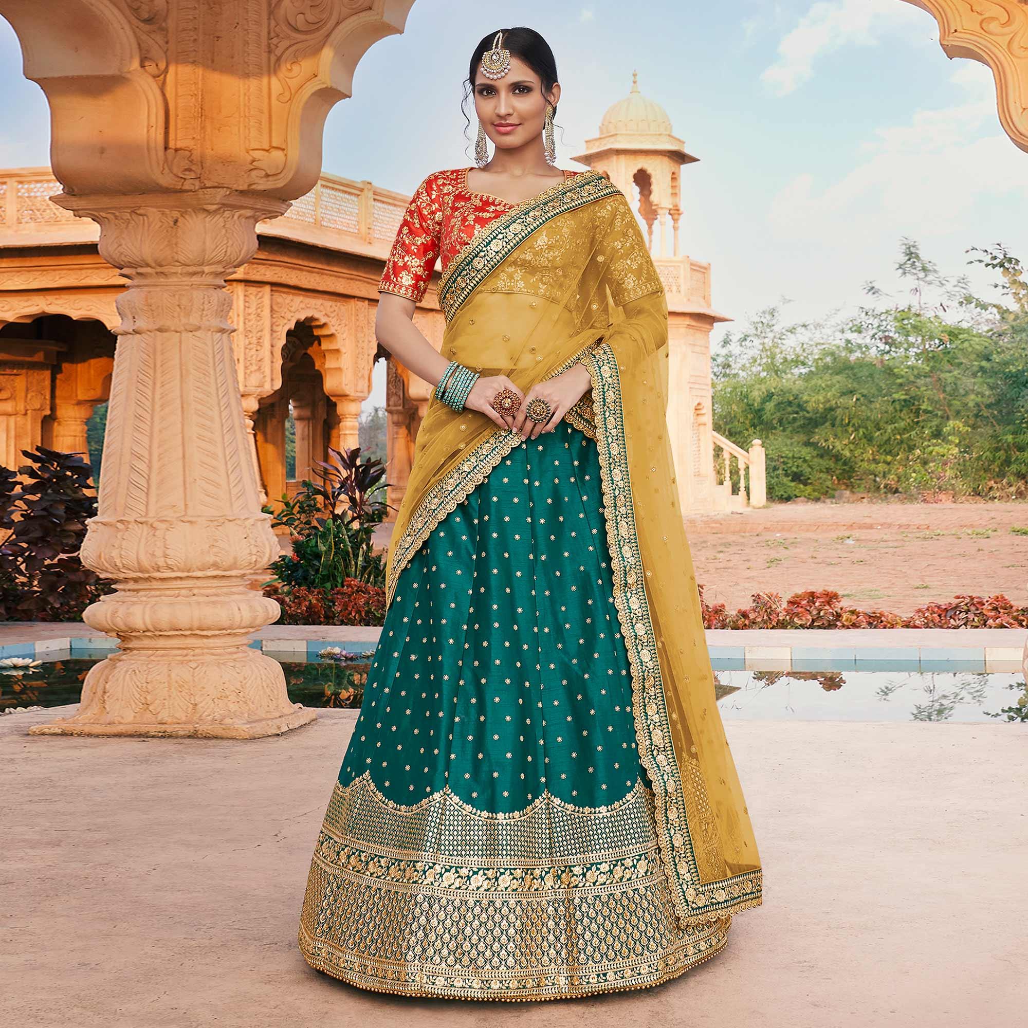 Peacock Green Partywear Floral Embroidery With Zari Handloom Silk Lehenga Choli - Peachmode