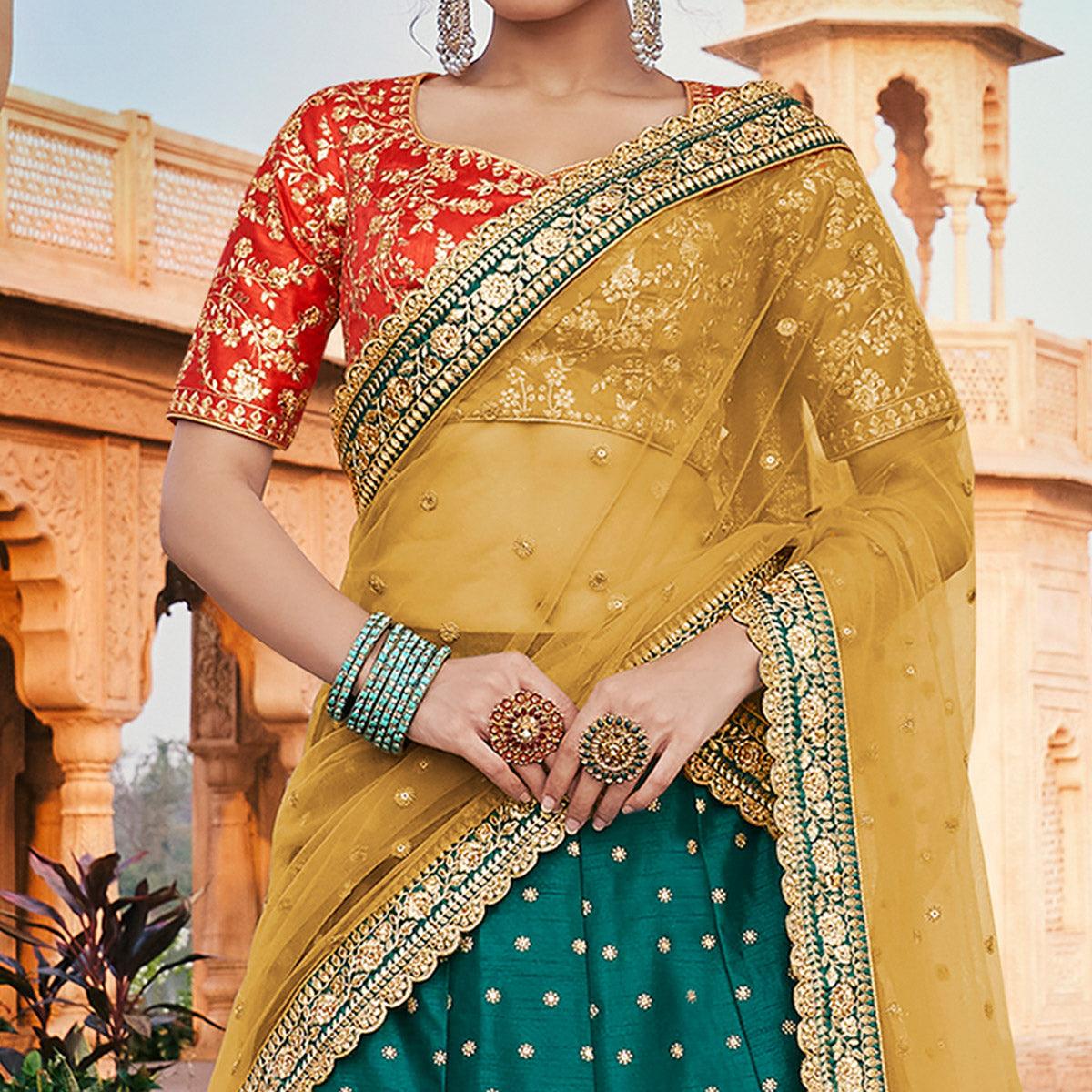 Peacock Green Partywear Floral Embroidery With Zari Handloom Silk Lehenga Choli - Peachmode