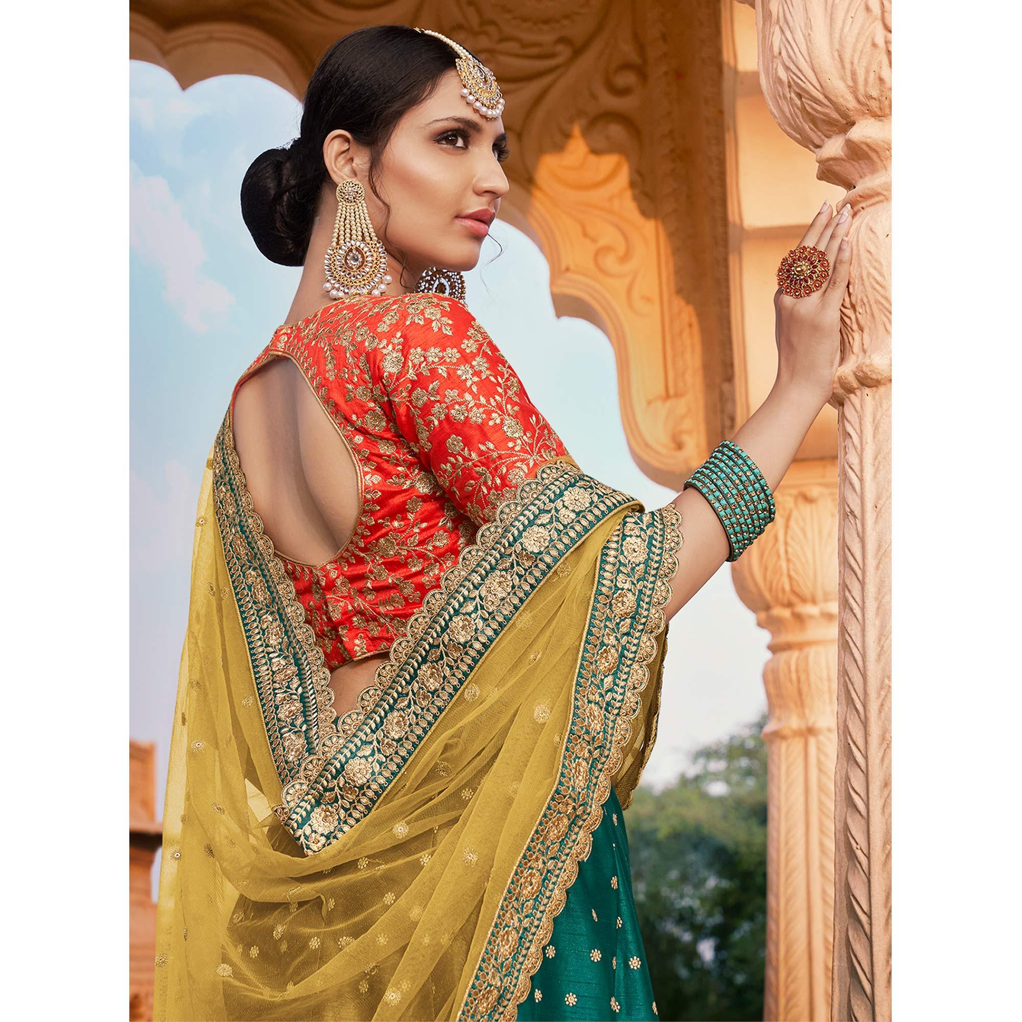 Peacock Green Partywear Floral Embroidery With Zari Handloom Silk Lehenga Choli - Peachmode