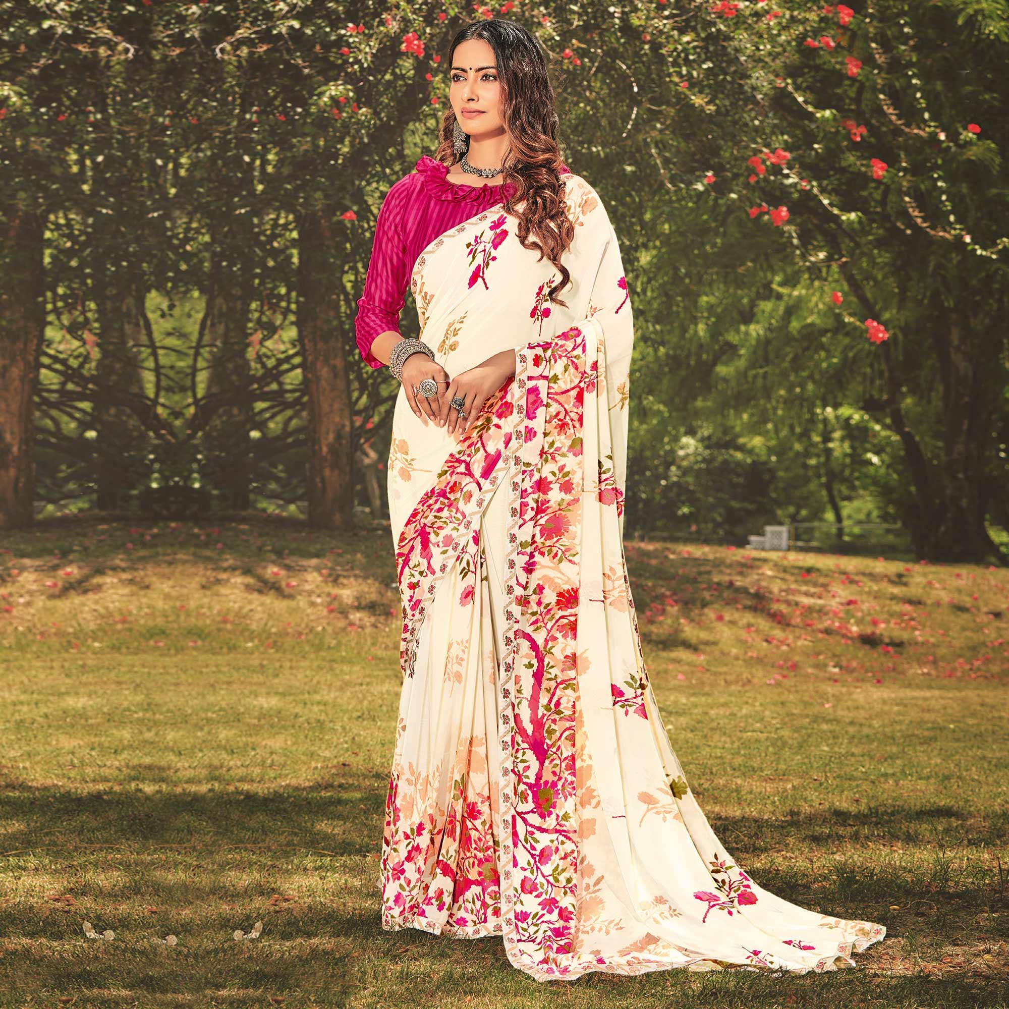 Pearl Cream Casual Wear Floral Printed Georgette Saree - Peachmode