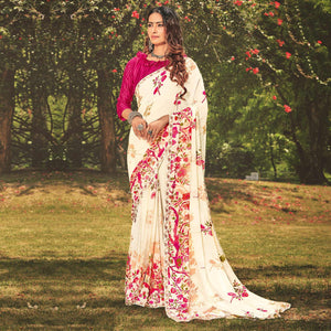 Pearl Cream Casual Wear Floral Printed Georgette Saree - Peachmode