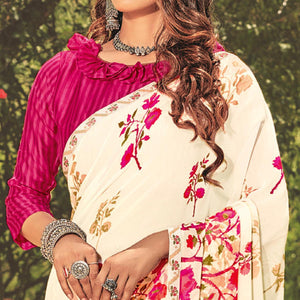 Pearl Cream Casual Wear Floral Printed Georgette Saree - Peachmode