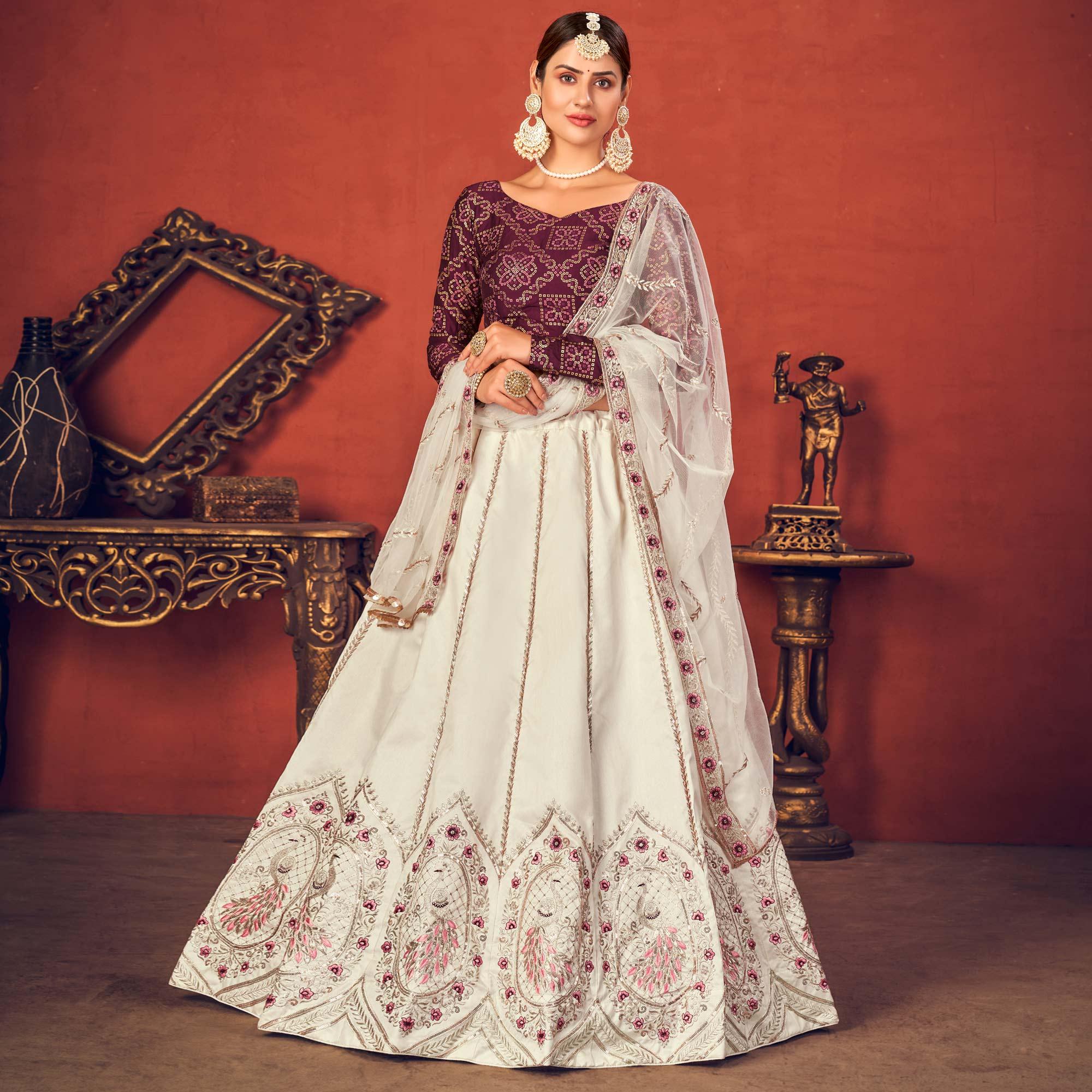 Pearl White Partywear Sequence Embroidered Silk Lehenga Choli - Peachmode