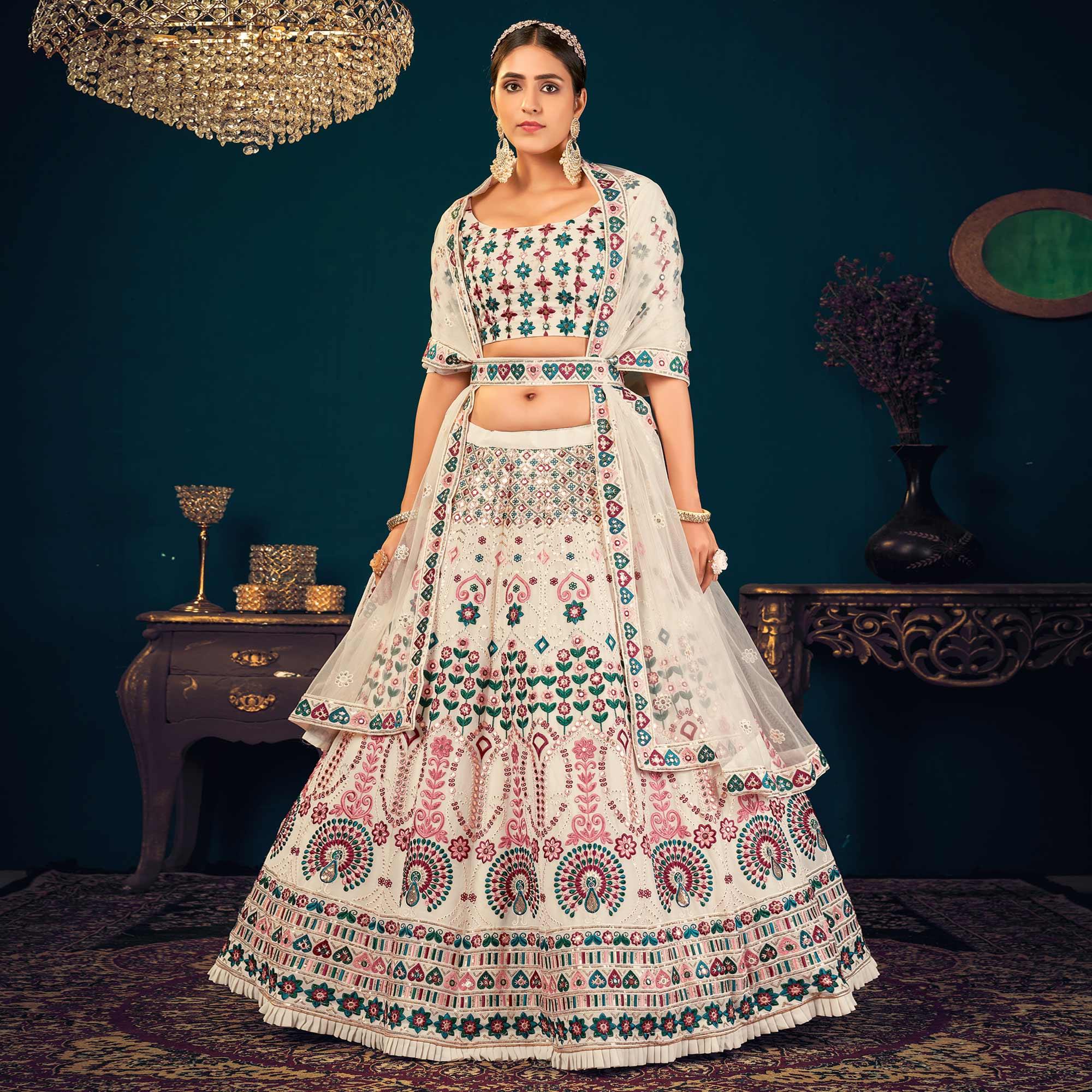Pearl White Partywear Sequence With Gotta Patti Embroidered Georgette Lehenga Choli - Peachmode